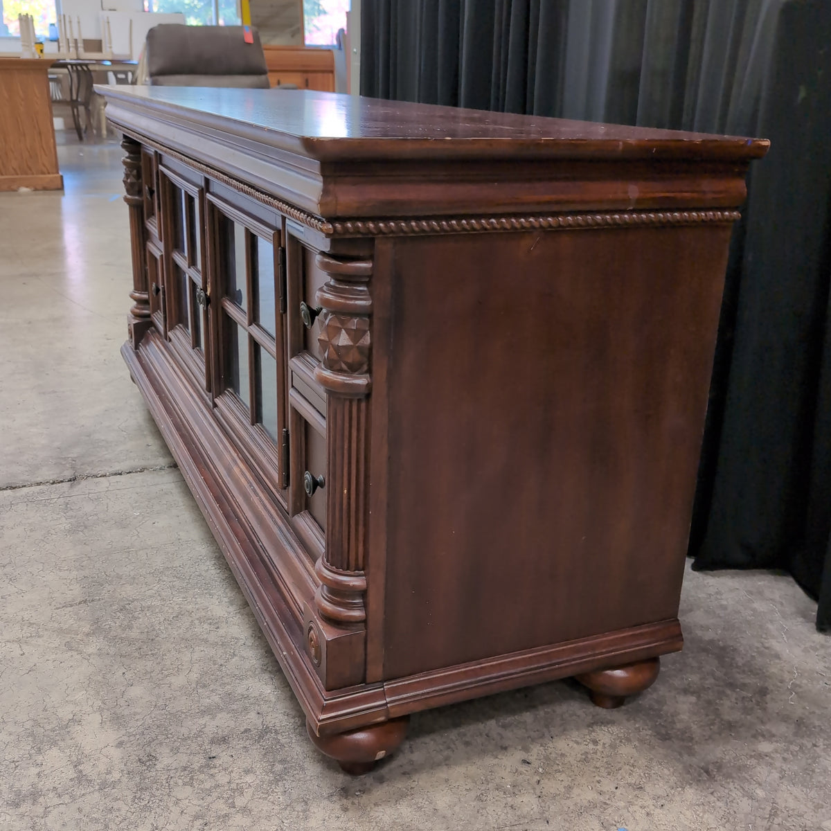 Dark Wood Traditional TV Stand with Glass Doors