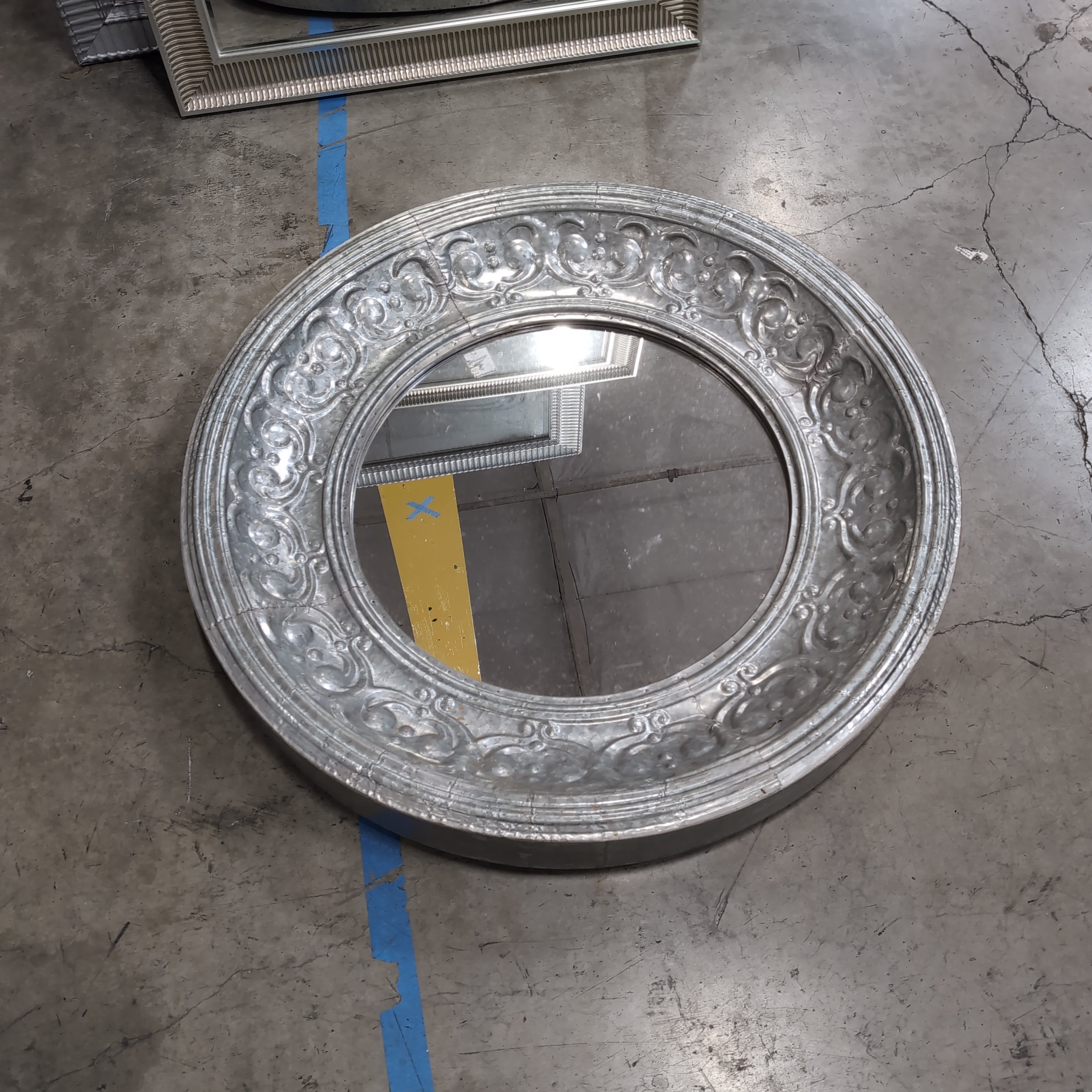 Ornate Silver Round Wall Mirror with Decorative Frame