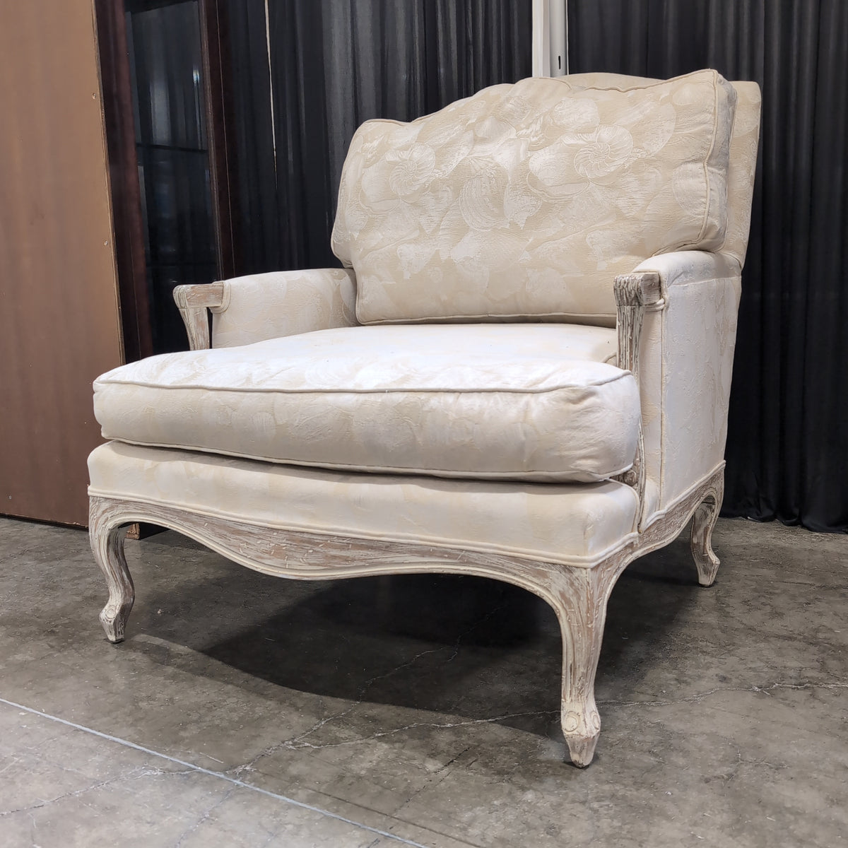 French Provincial Cream Upholstered Armchair with Carved Wood Frame