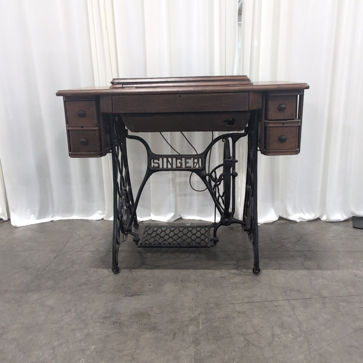 Vintage Wood Cabinet Sewing Machine with Cast Iron Base