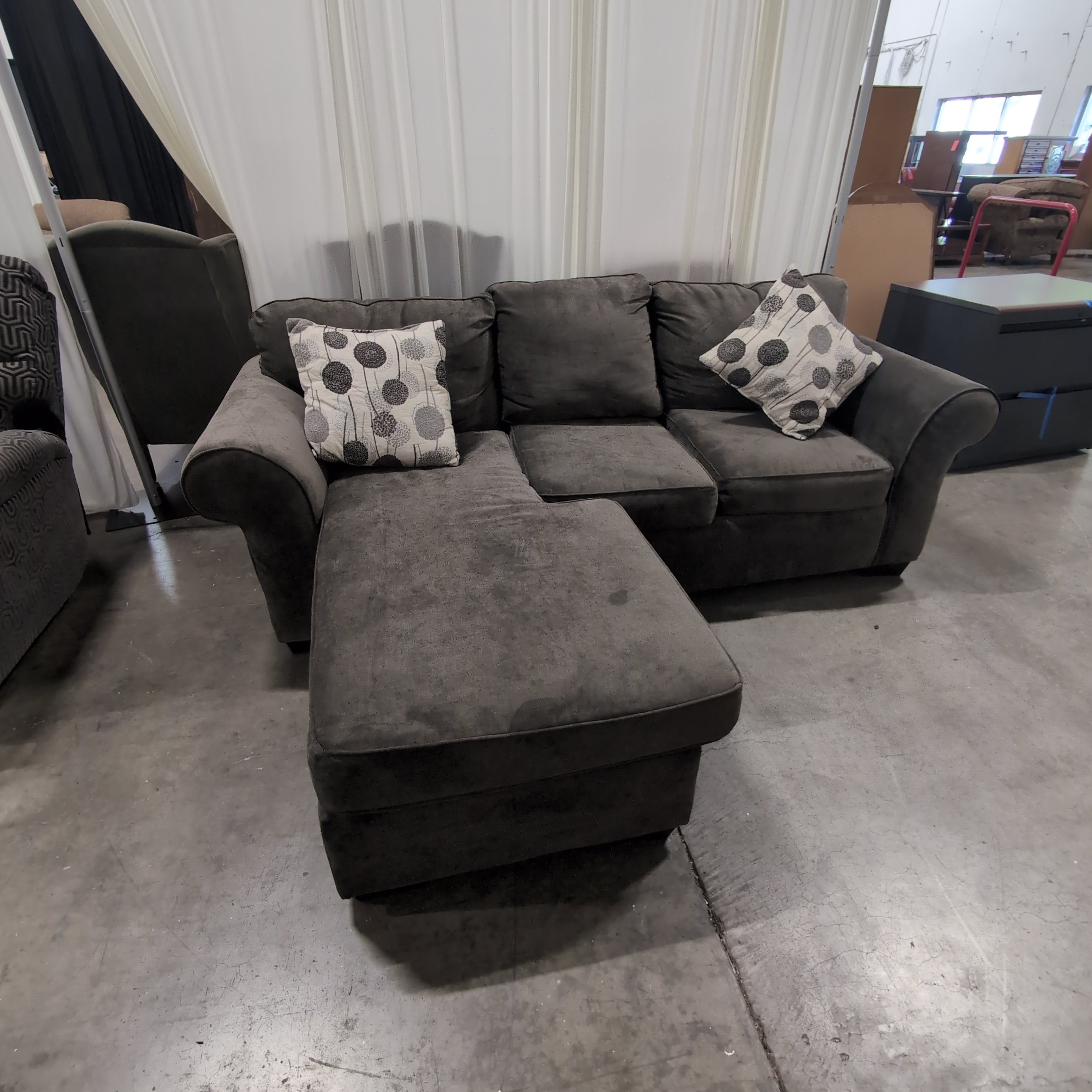 Dark Gray Upholstered Sectional Couch with Ottoman
