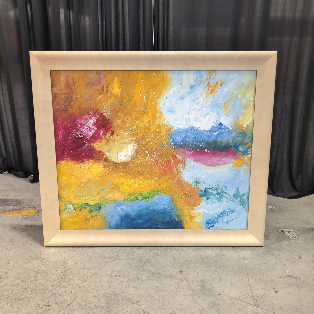 Vibrant Abstract Multi-Color Painting in Light Wood Frame