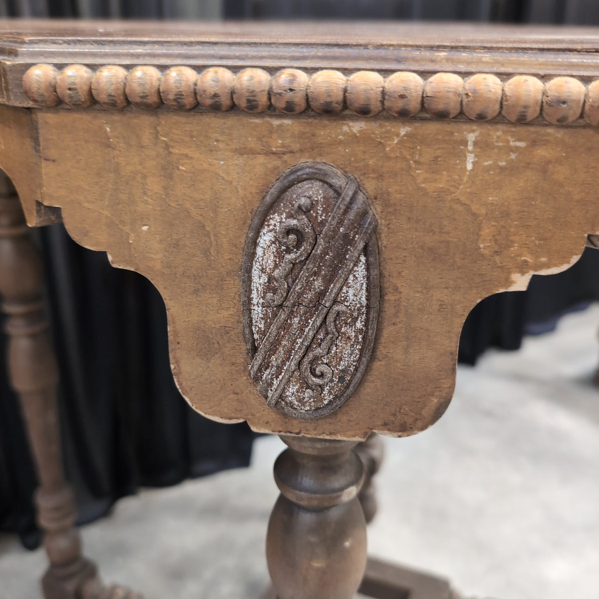 Carved Wood Hexagonal End Table with Turned Legs