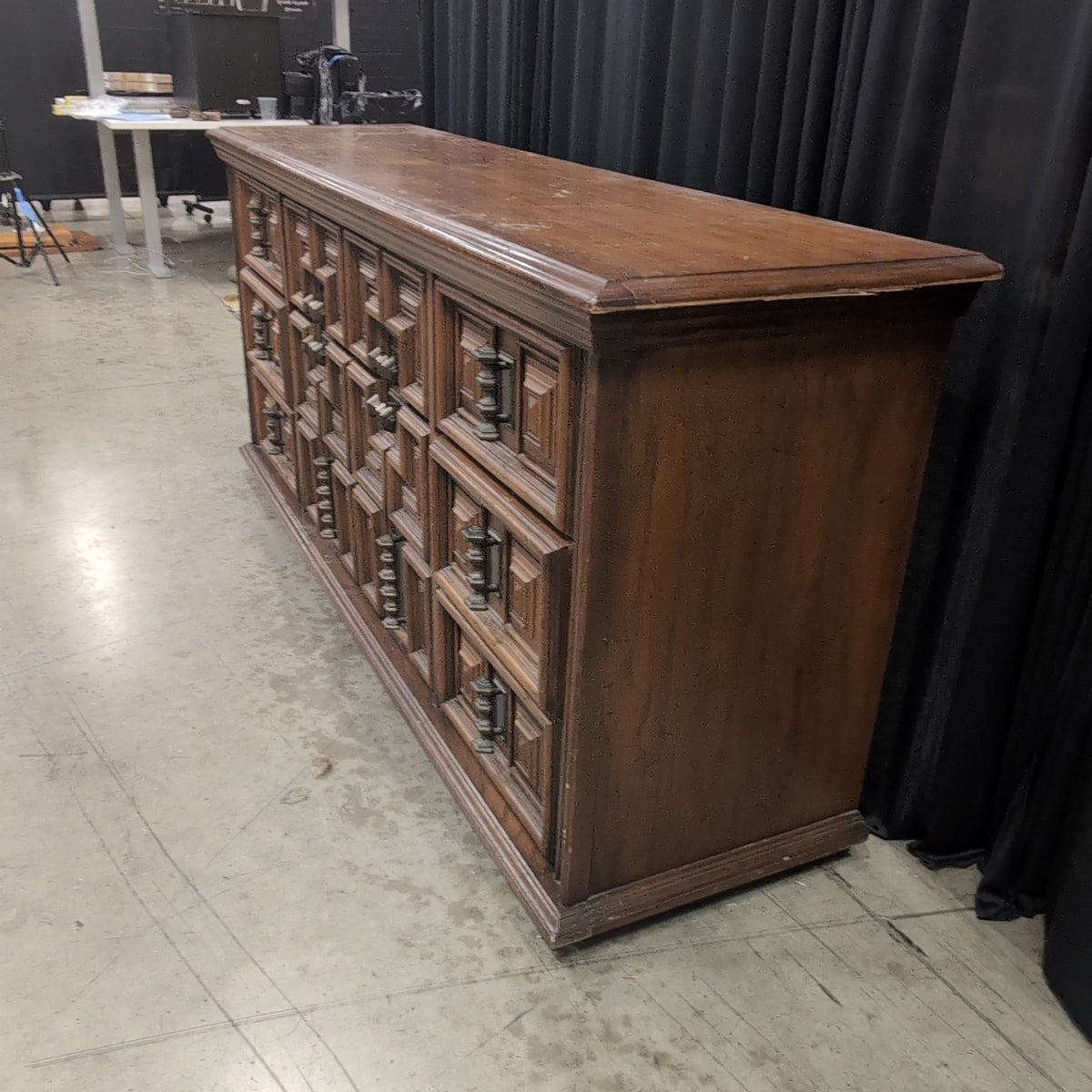 Brown Geometric Paneled Nine-Drawer Dresser in Hardwood
