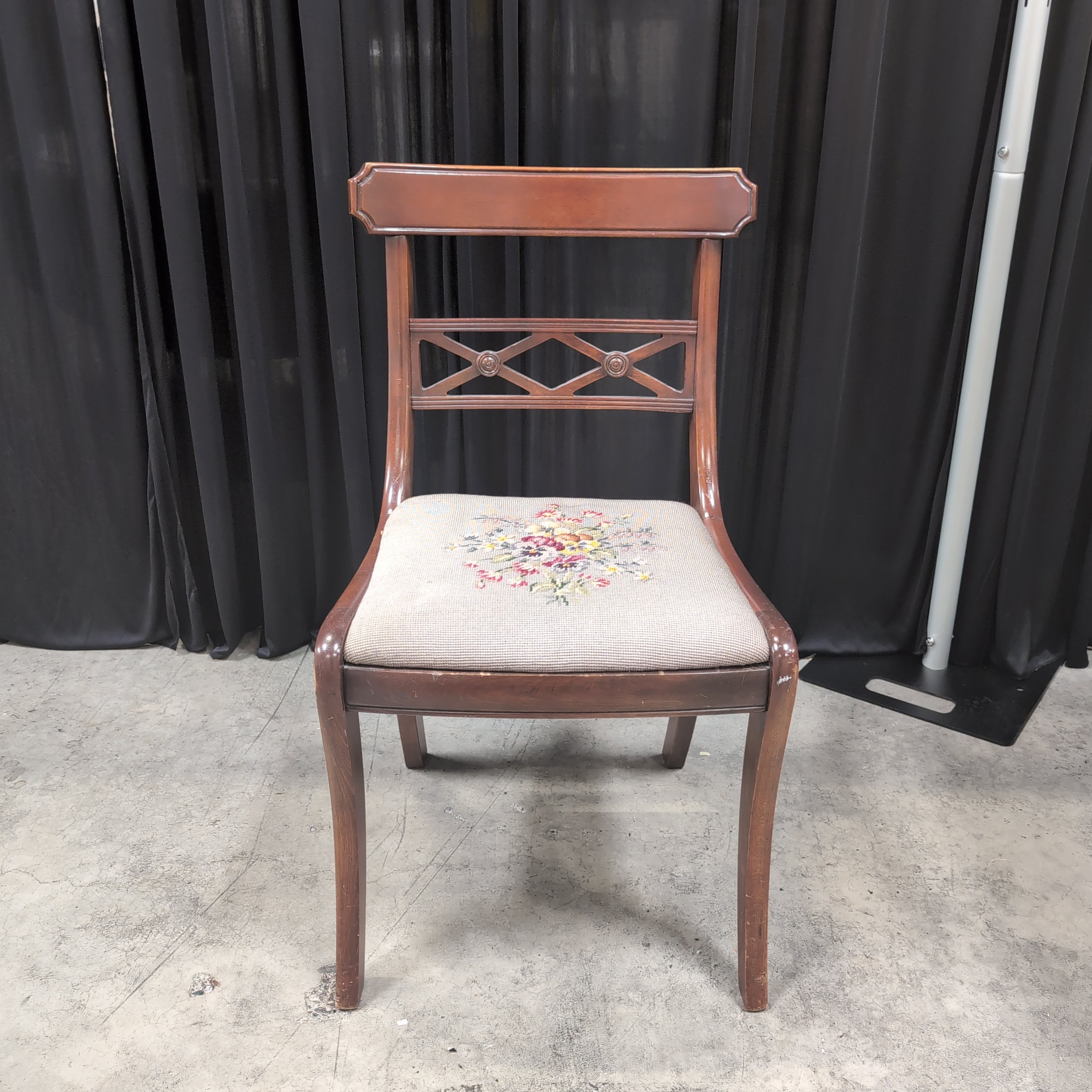 Brown Wood Cross-Back Dining Chair with Needlepoint Seat