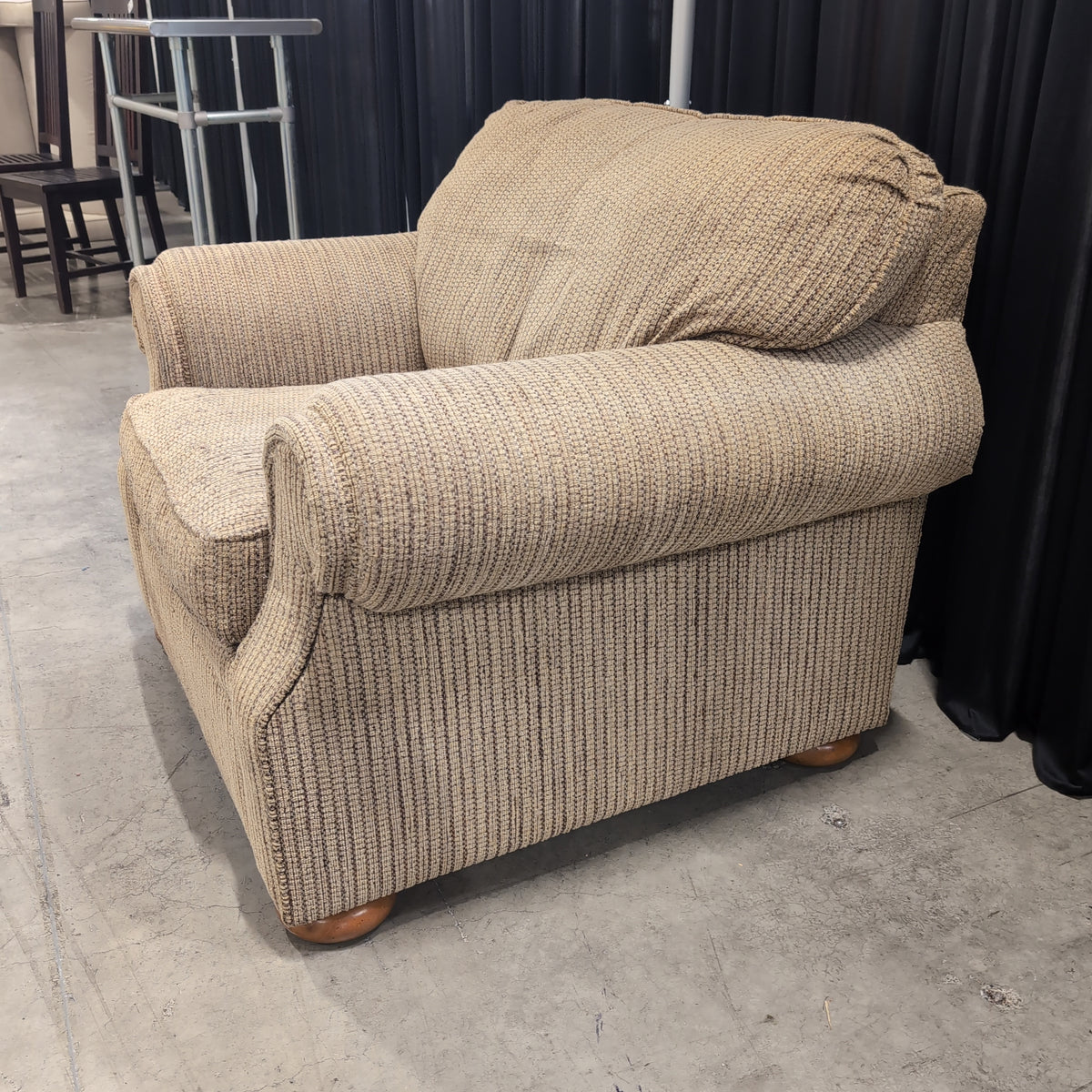 Tan Textured Fabric Armchair with Rolled Arms