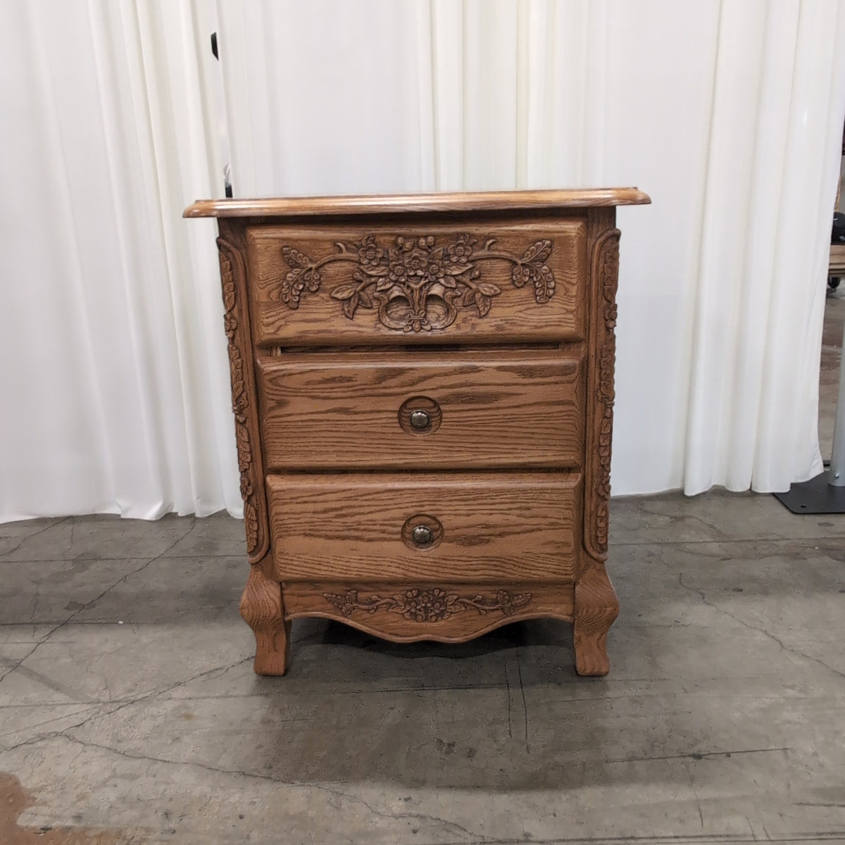 A-AMERICA Ornate Carved Oak Three-Drawer Nightstand