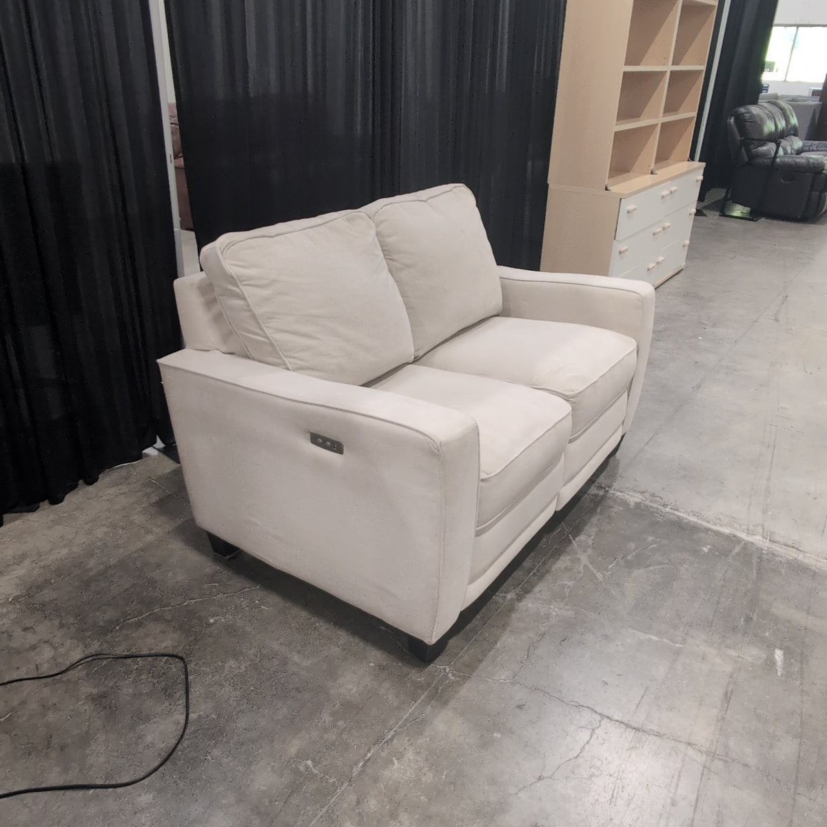 Light Beige Upholstered Loveseat with Track Arms