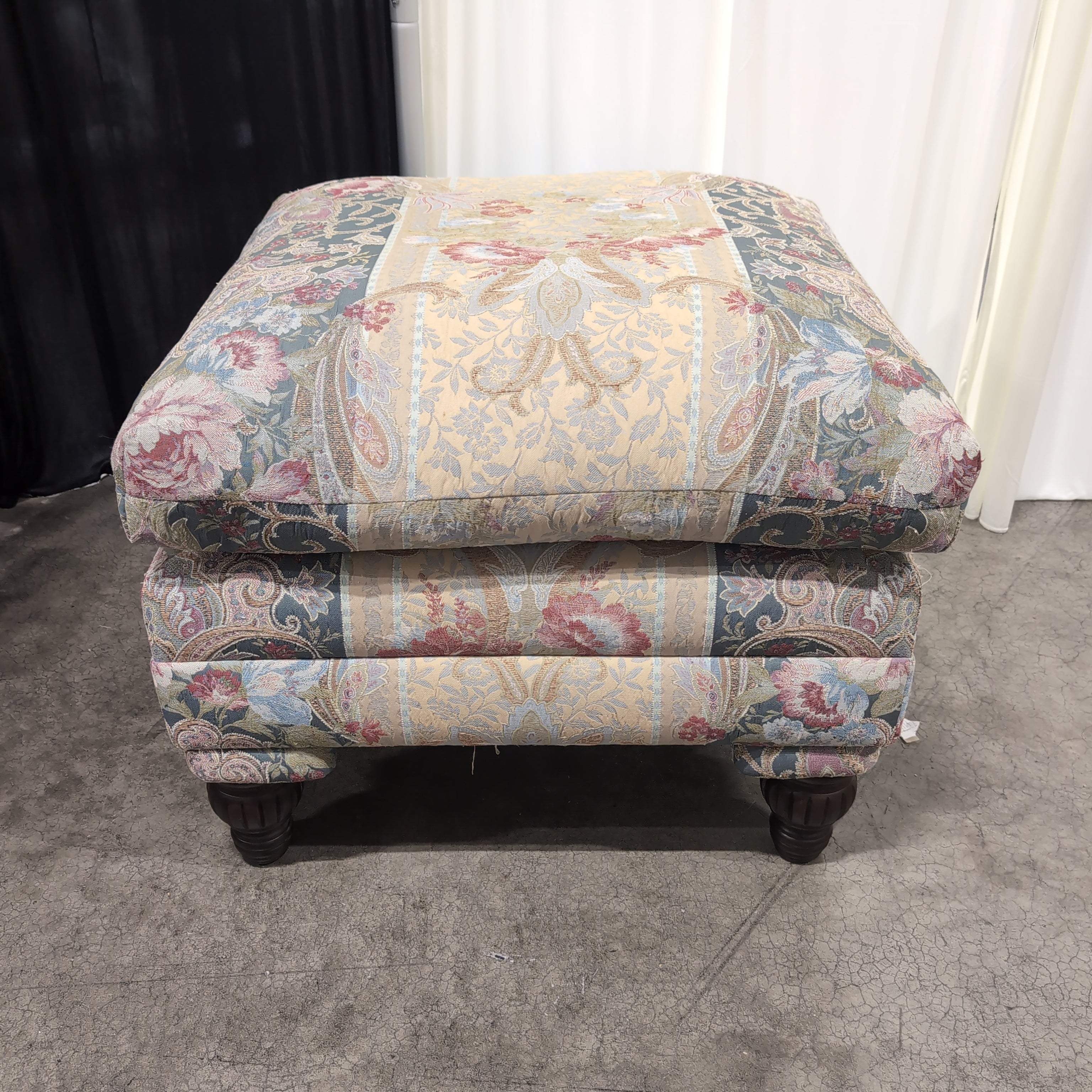 Multi-Color Floral Paisley Upholstered Ottoman with Turned Wood Feet