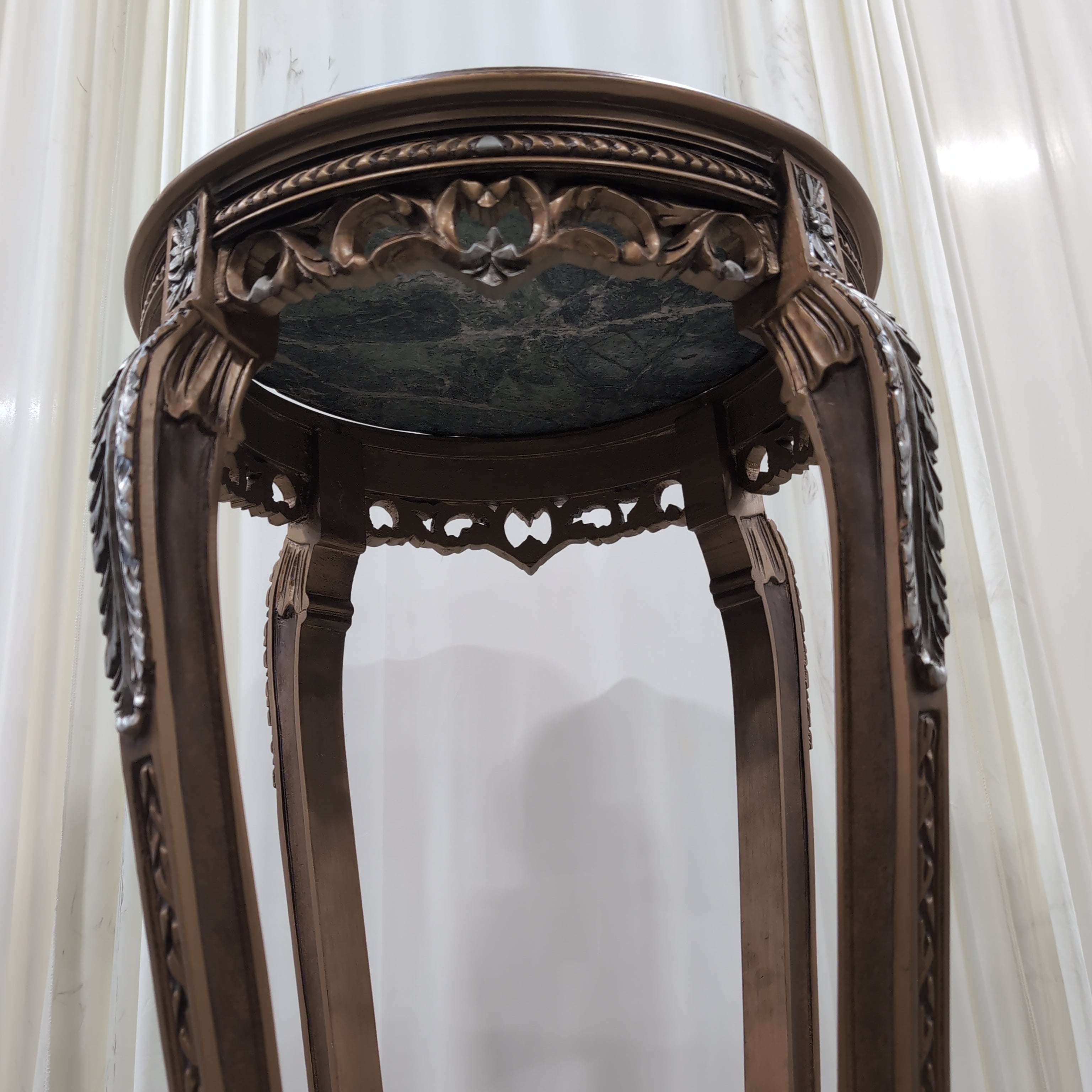 Ornate Bronze and Silver Accent End Table with Green Marble Top