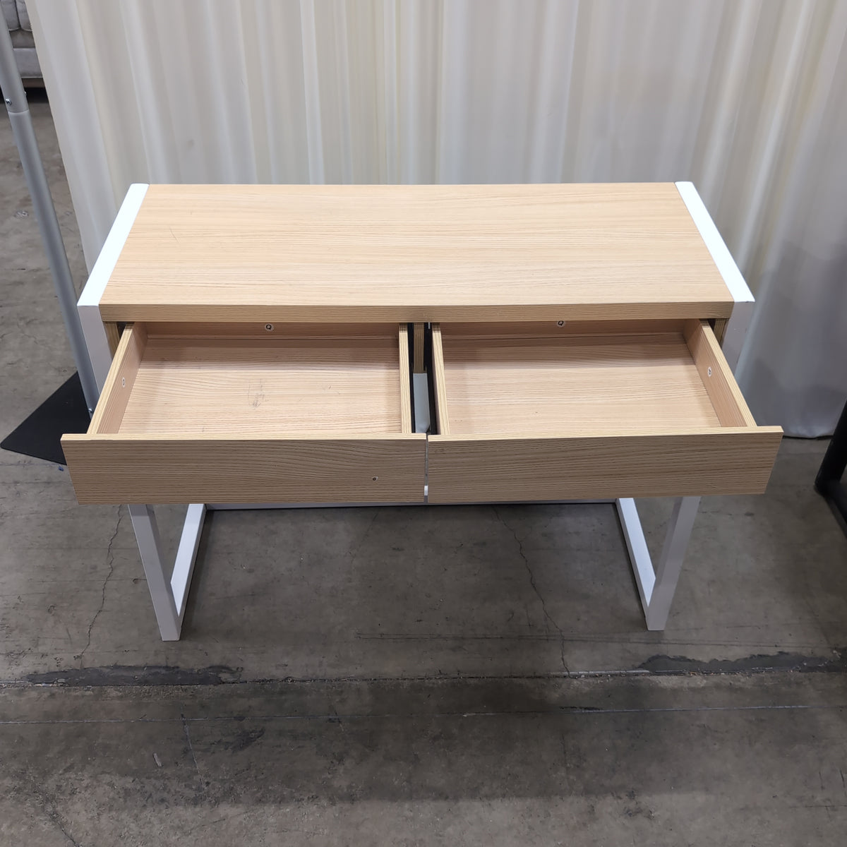 Light Wood Two-Drawer Desk with White Metal Frame
