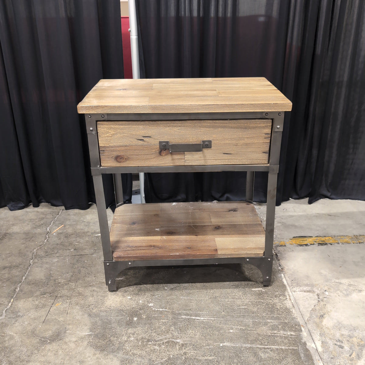 Rustic Wood and Dark Metal One-Drawer Nightstand