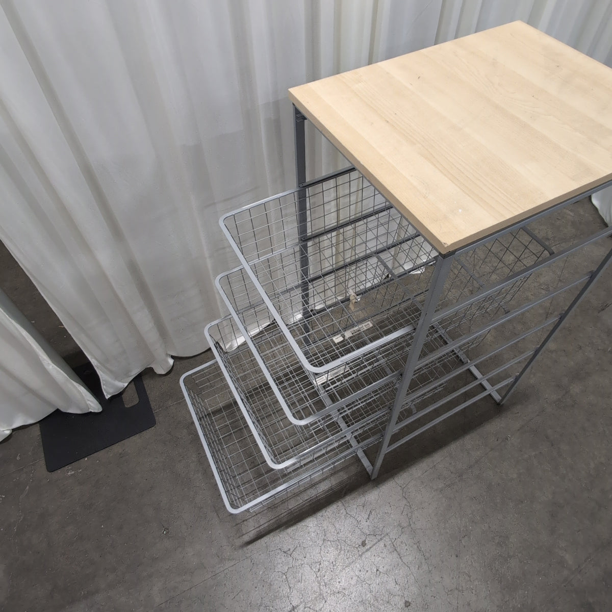 Light Wood Top Nightstand with Two Wire Baskets