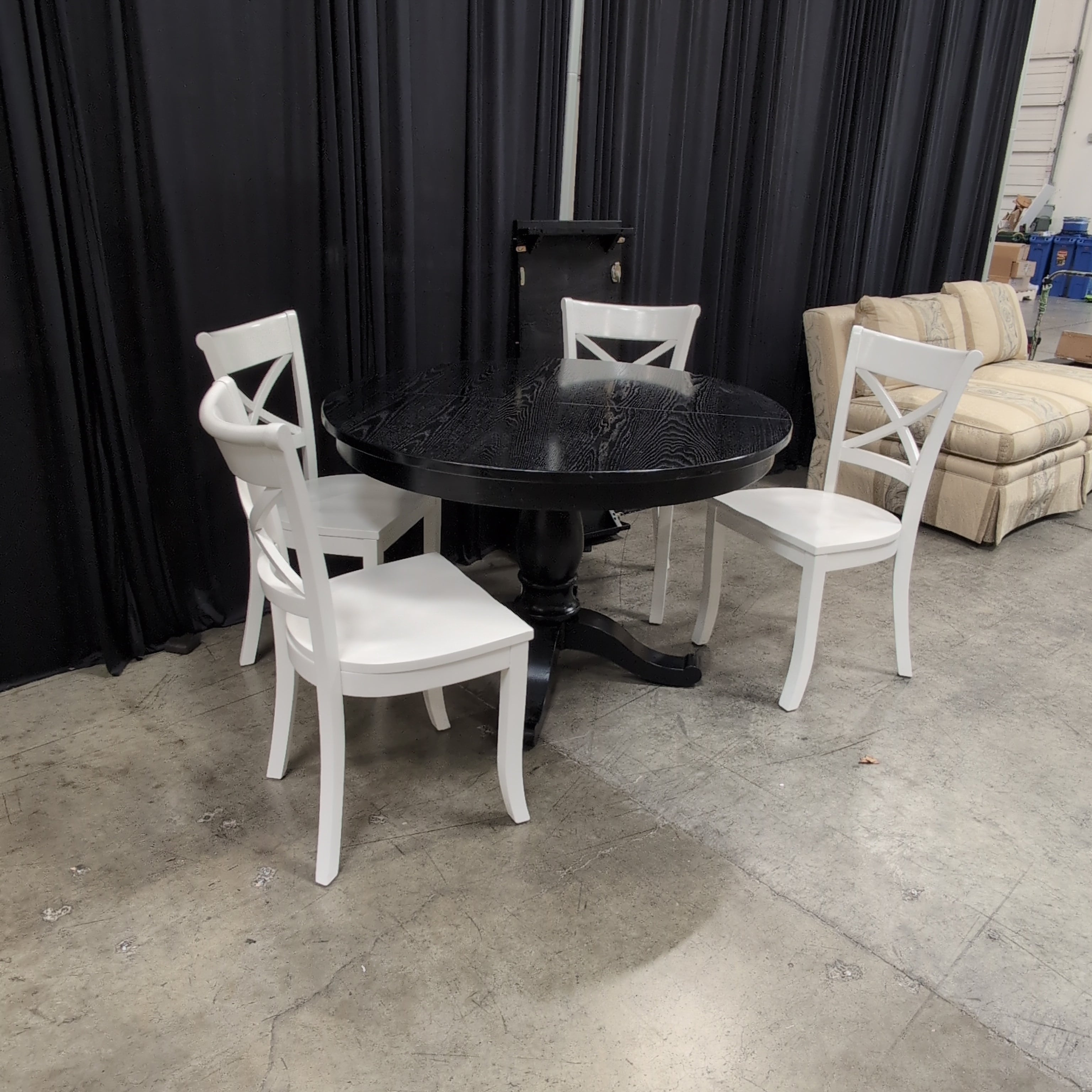 Crate & Barrel Dark Wood Round Pedestal Dining Table with Leaf & Four White Chairs