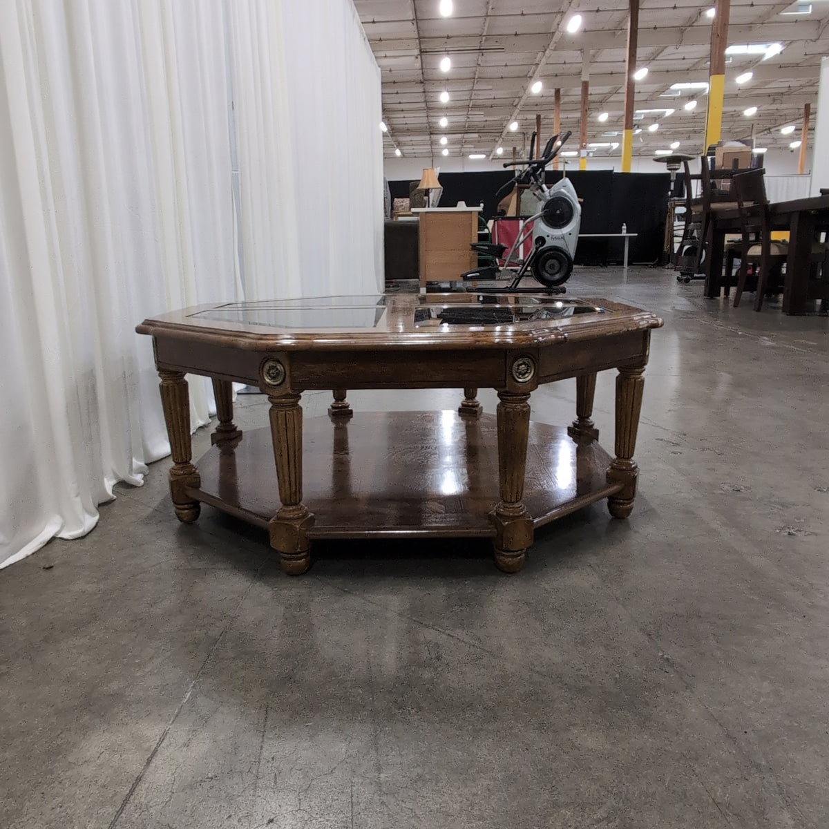 Traditional Octagonal Wood Coffee Table with Glass Top