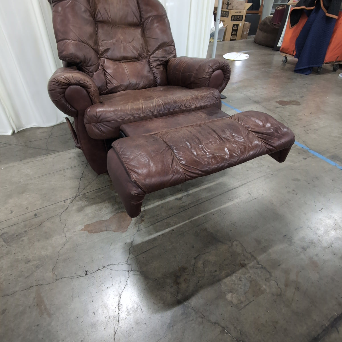 Brown Overstuffed Leather Recliner Chair