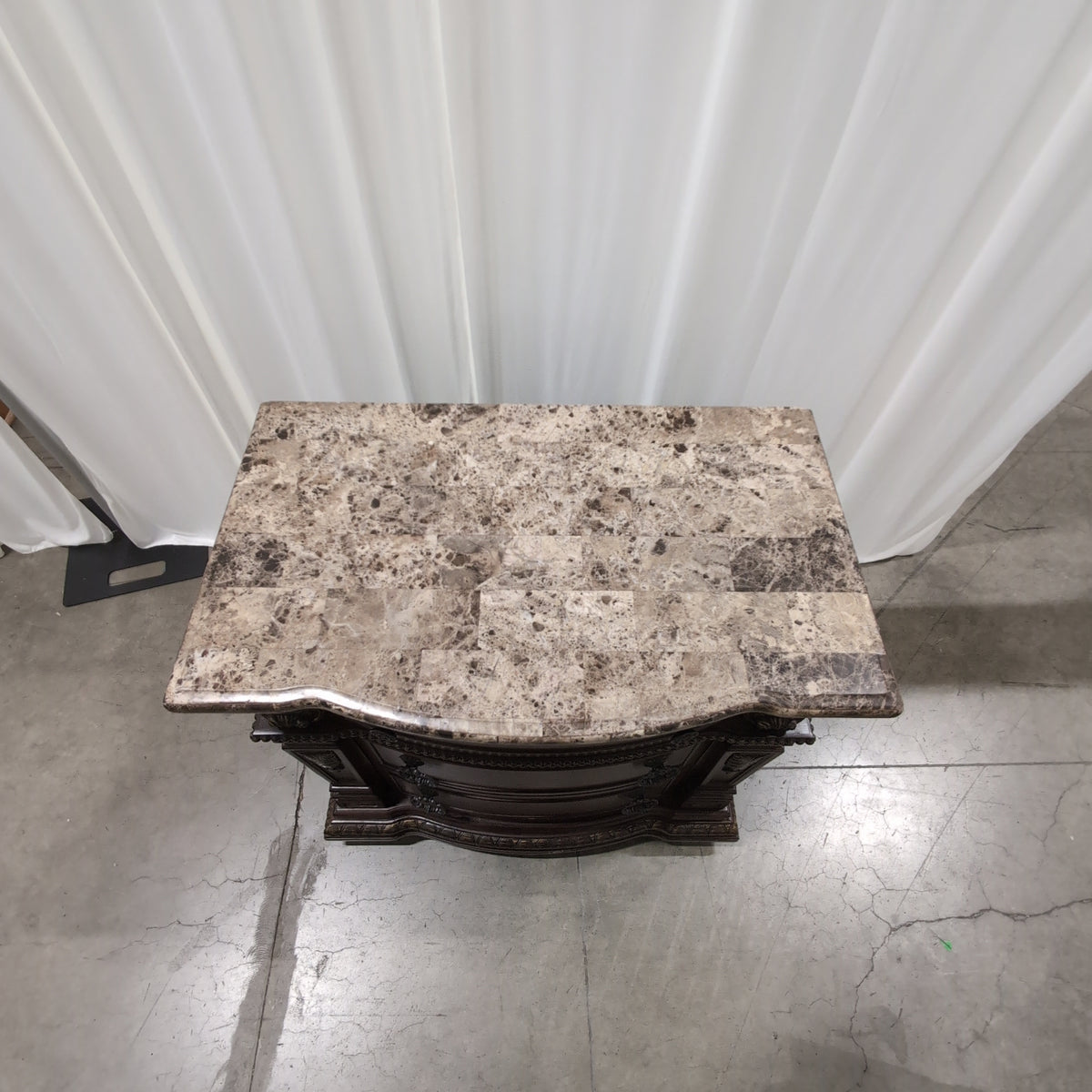 Ornate Dark Wood Three-Drawer Nightstand with Marble Top