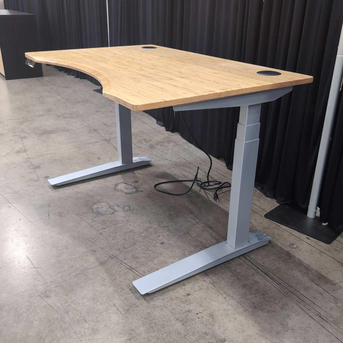 Light Wood Adjustable Height Desk with Curved Front