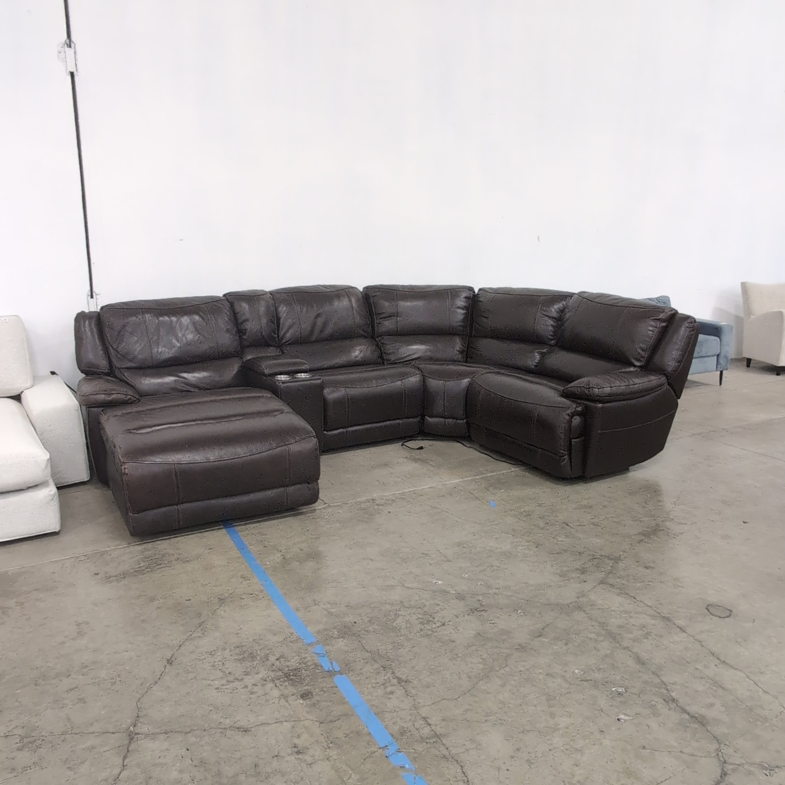 Brown Leather Reclining Sectional Couch with Cup Holders