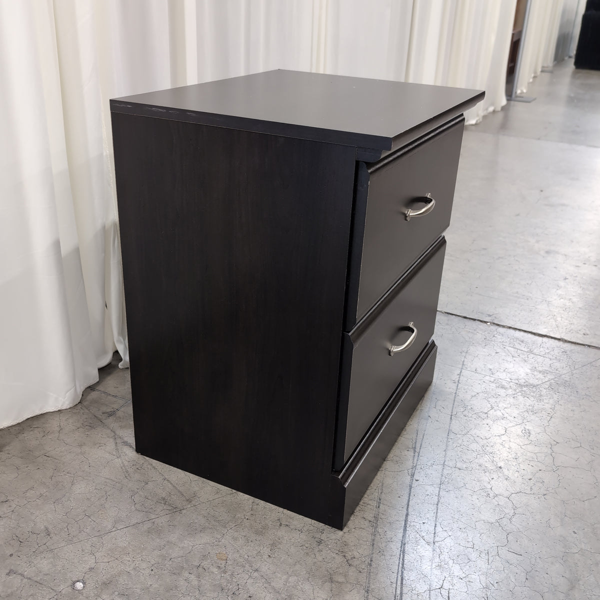 Dark Brown Two-Drawer Nightstand with Silver Pulls