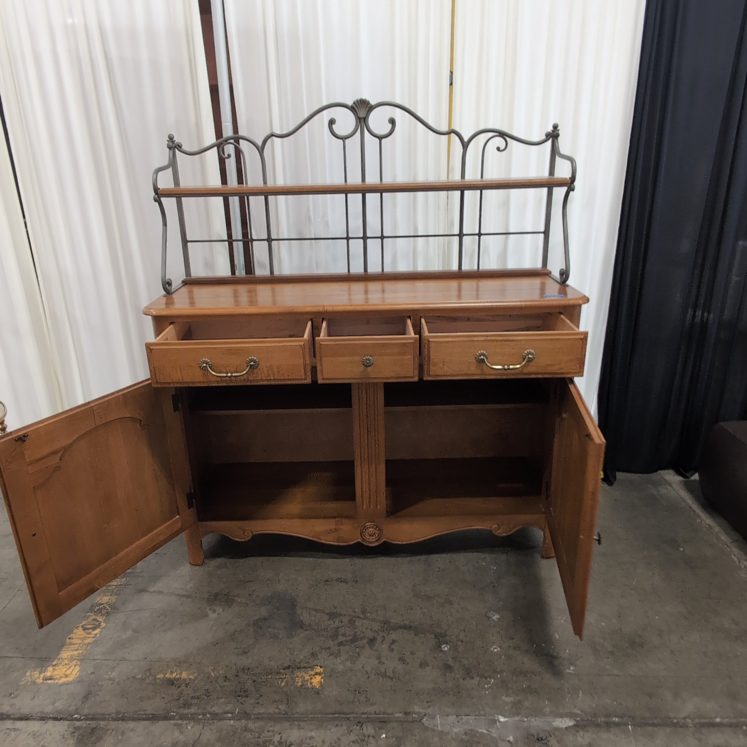 French Provincial Style Wood Buffet with Metal Hutch