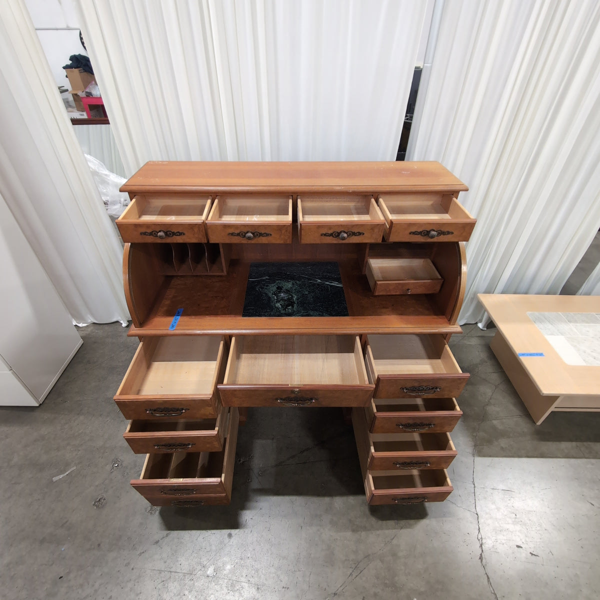 Traditional Wood Roll-Top Desk with Marble Insert