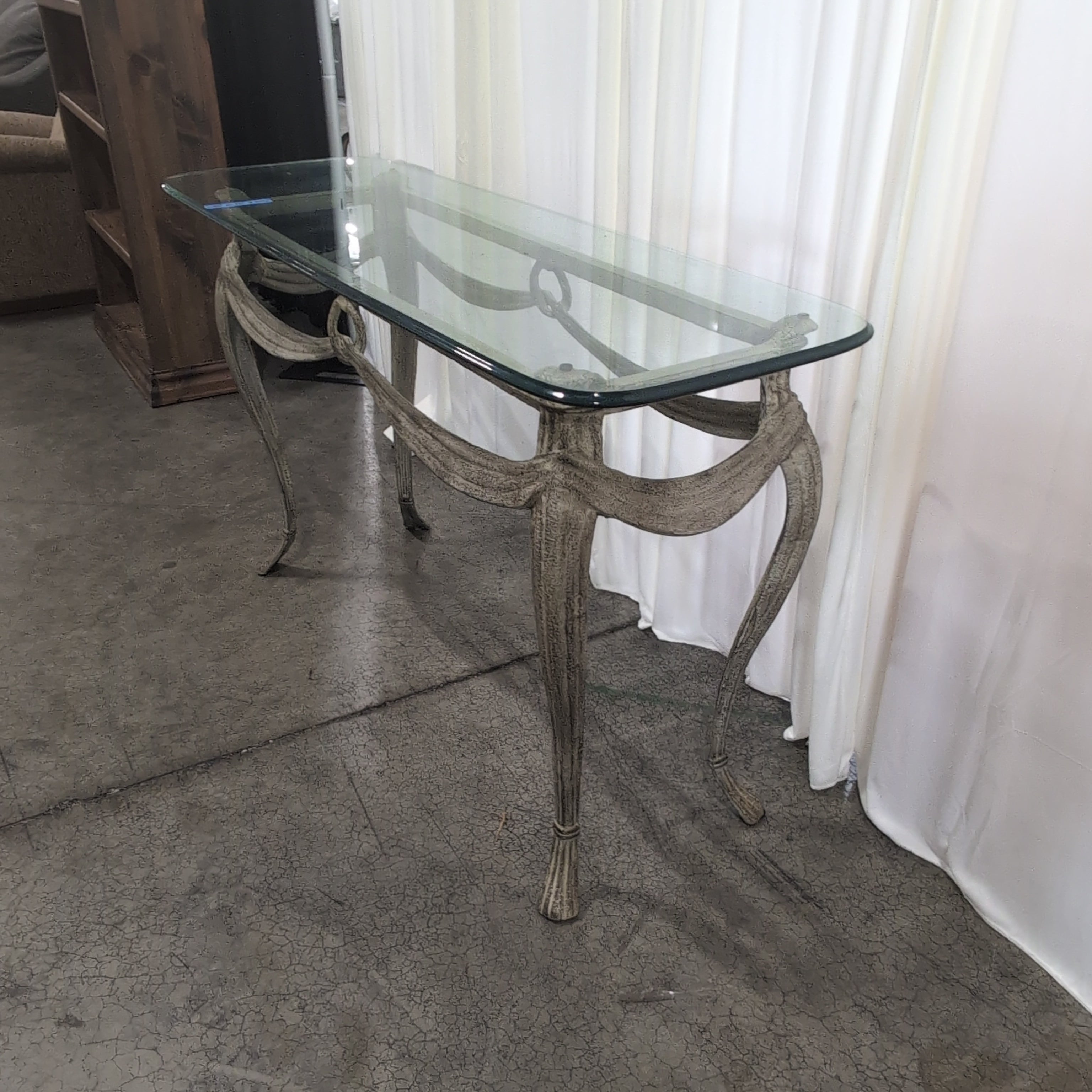Distressed Gold Metal Console Table with Glass Top