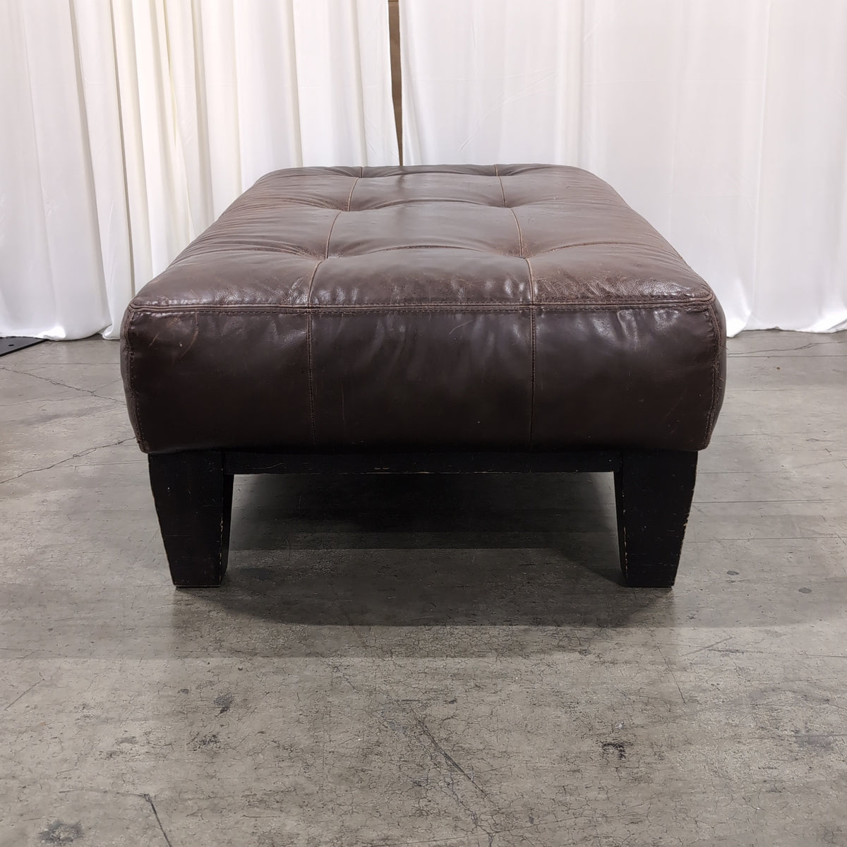 Rectangular Brown Leather Ottoman with Tufted Top