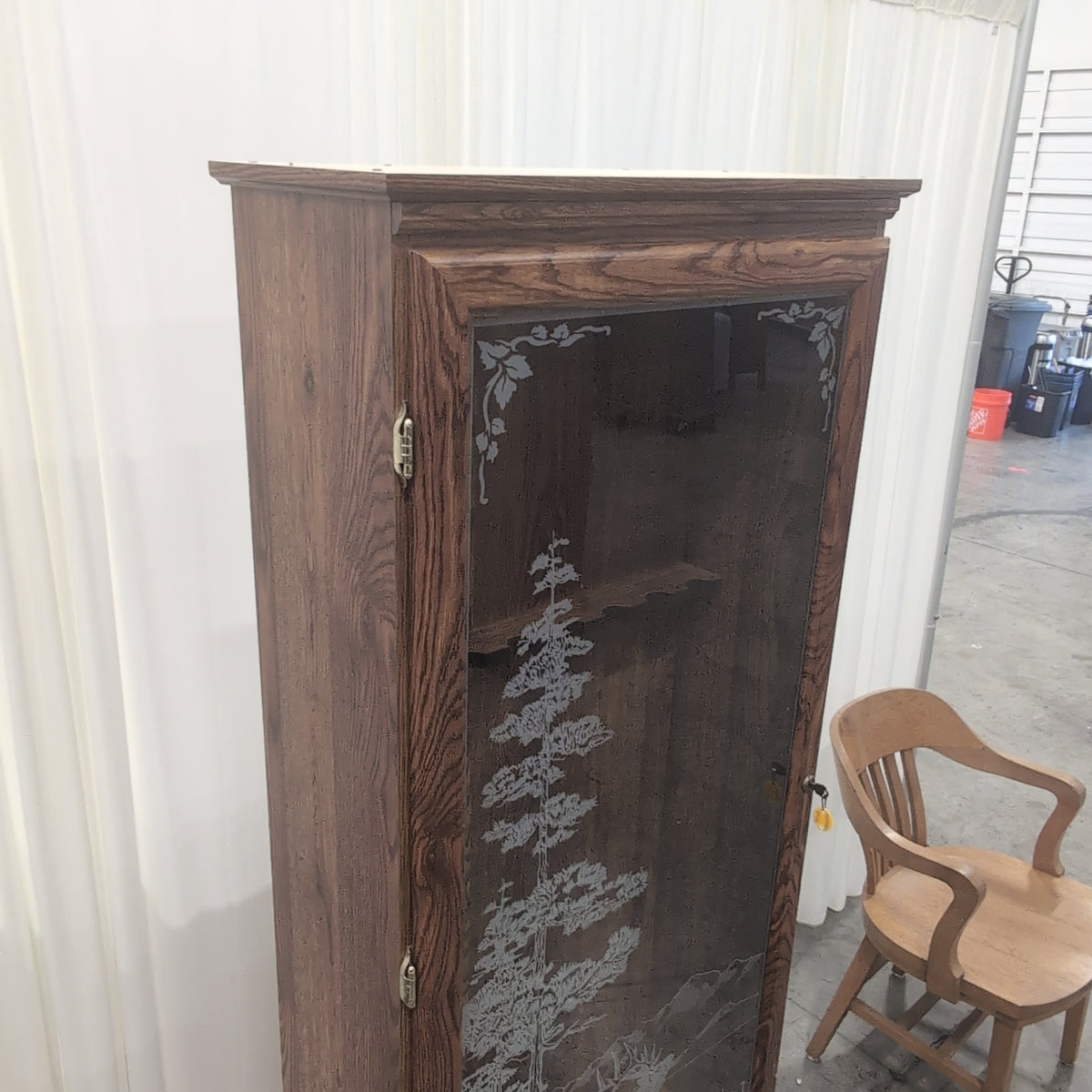 Dark Brown Wood China Cabinet with Etched Wildlife Glass
