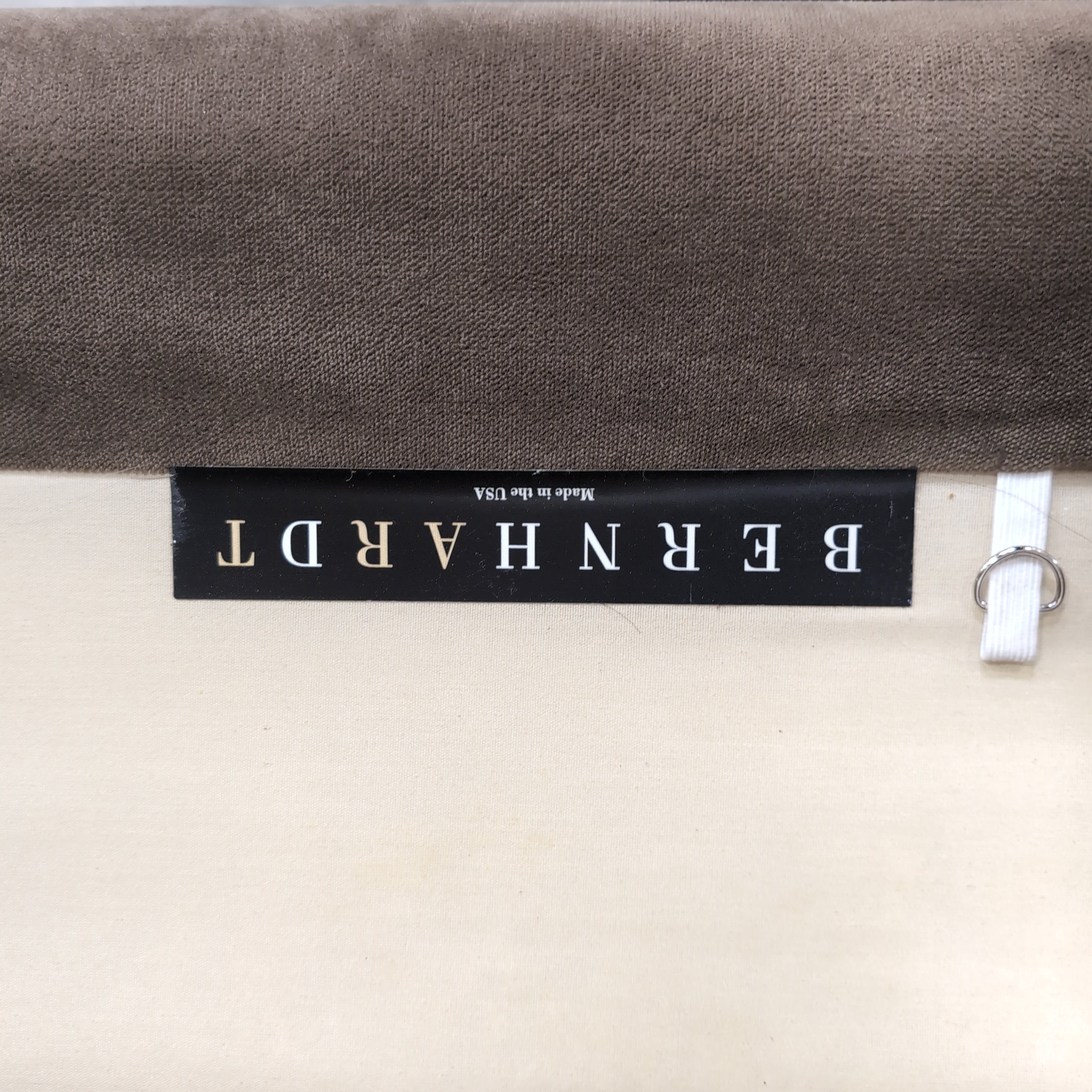 Taupe Fabric Two-Seat Couch with Nailhead Trim