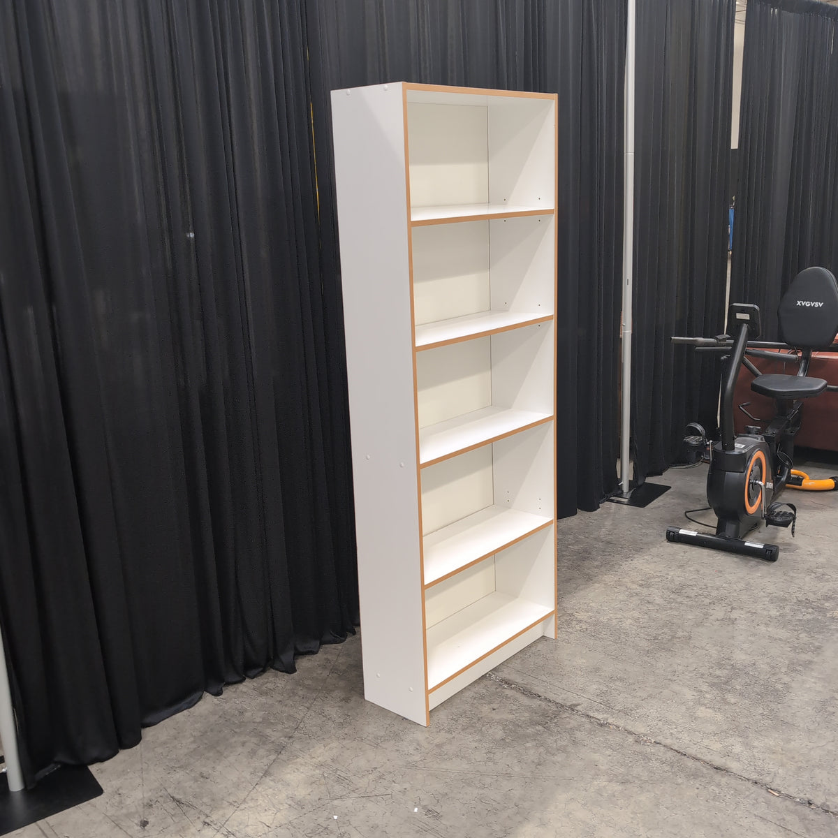 Five-Shelf White Bookcase with Wood-Look Trim