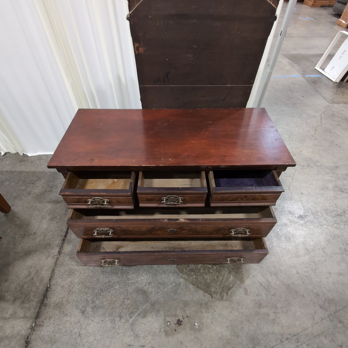 Antique Dark Wood Burl Veneer Dresser with Ornate Hardware