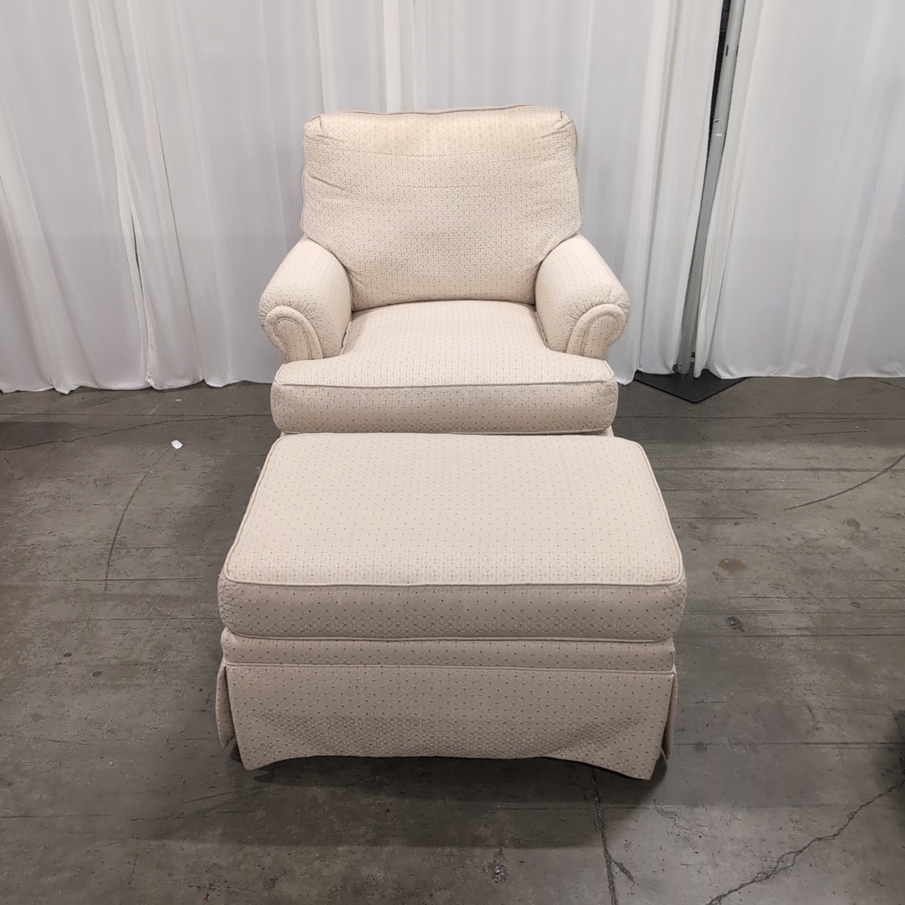 Ethan Allen Cream Patterned Upholstered Armchair with Ottoman
