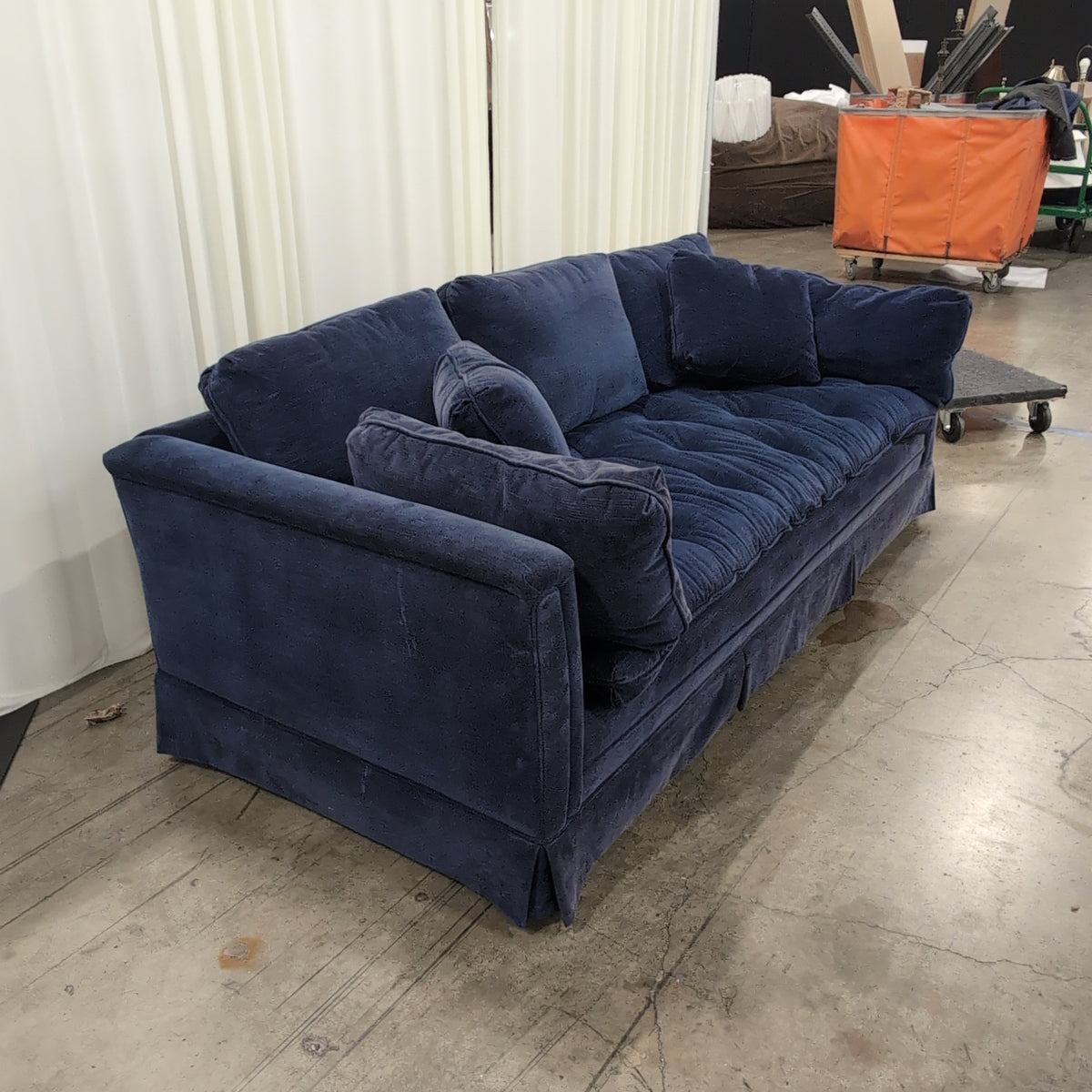 Deep Blue Tufted Skirted Couch in Velvet