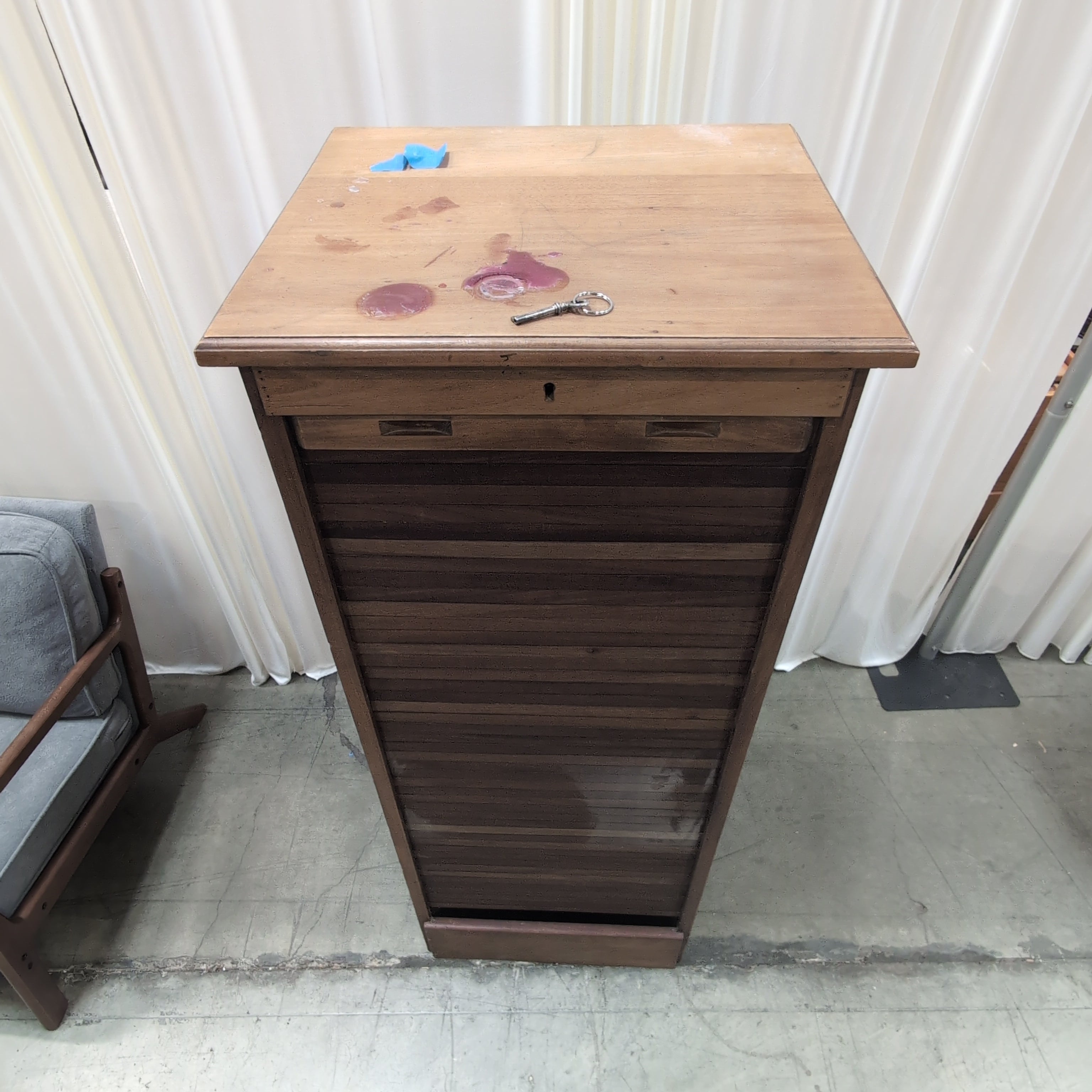 Medium Brown Wood Roll-Top Cabinet with Single Drawer