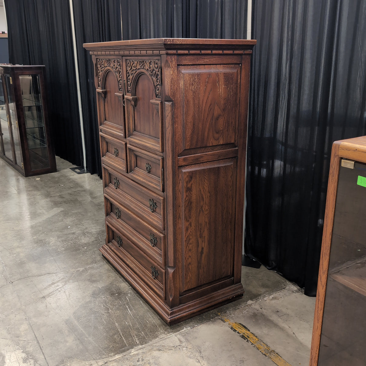 Dark Wood Carved Traditional Armoire with Ornate Hardware