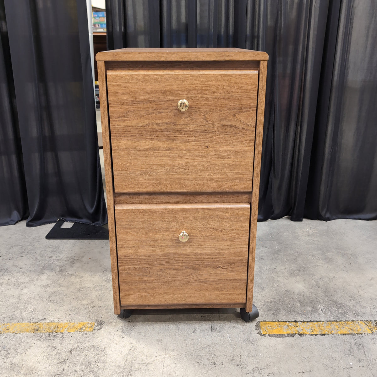 Brown Wood Grain Two-Drawer Nightstand with Casters