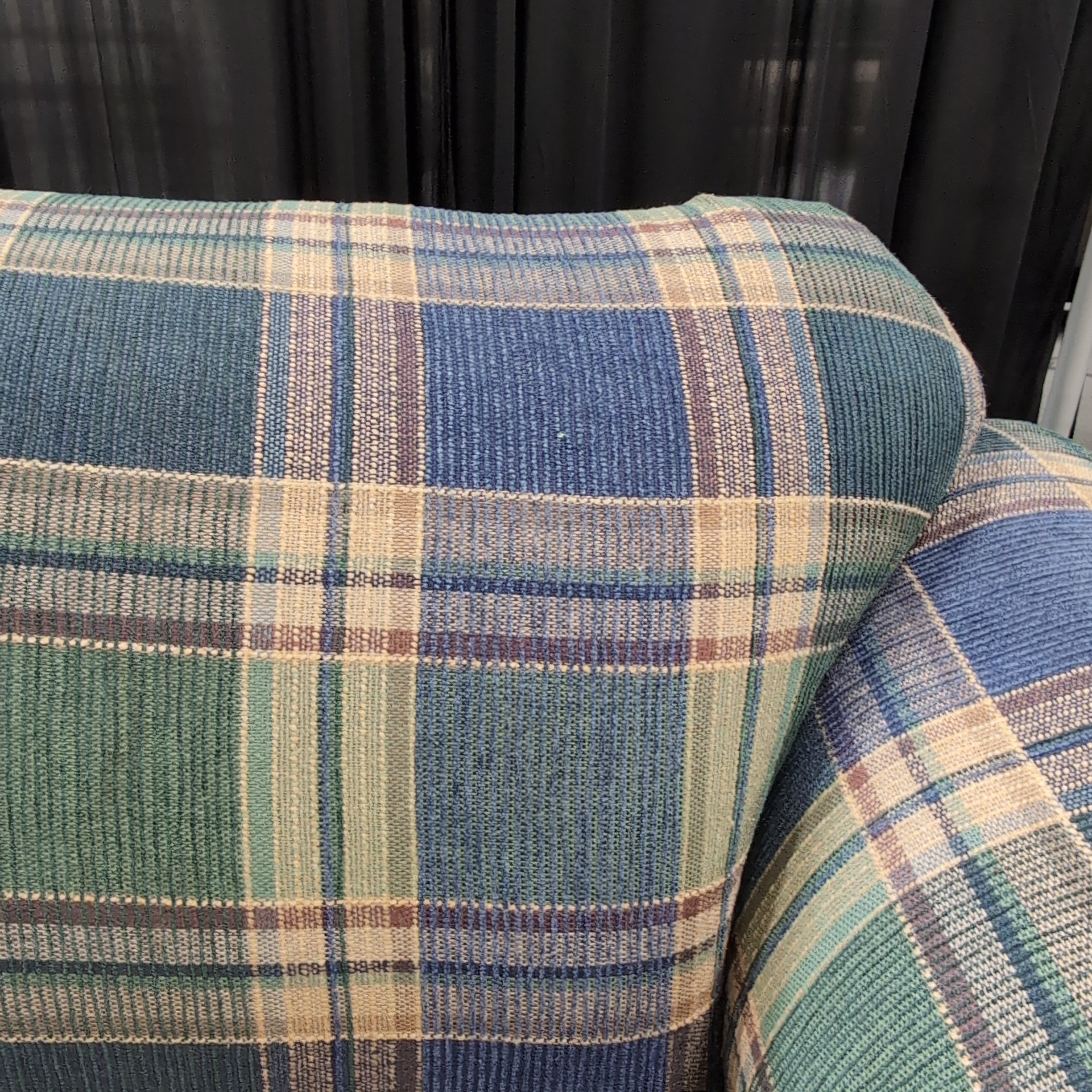 Traditional Blue and Green Plaid Fabric Loveseat