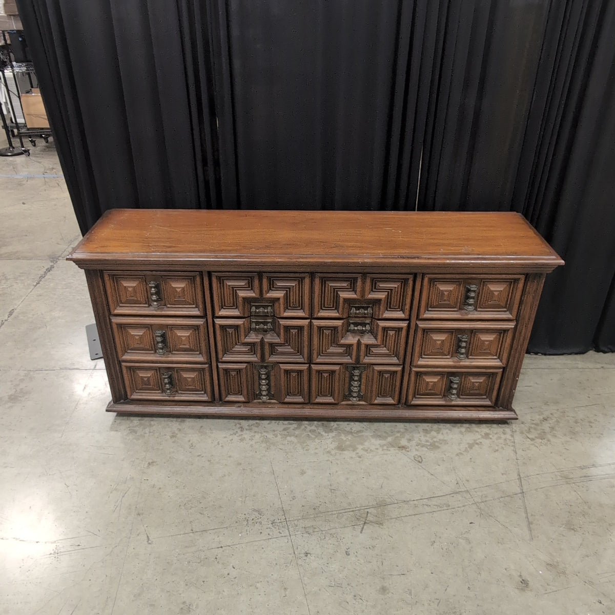 Brown Geometric Paneled Nine-Drawer Dresser in Hardwood