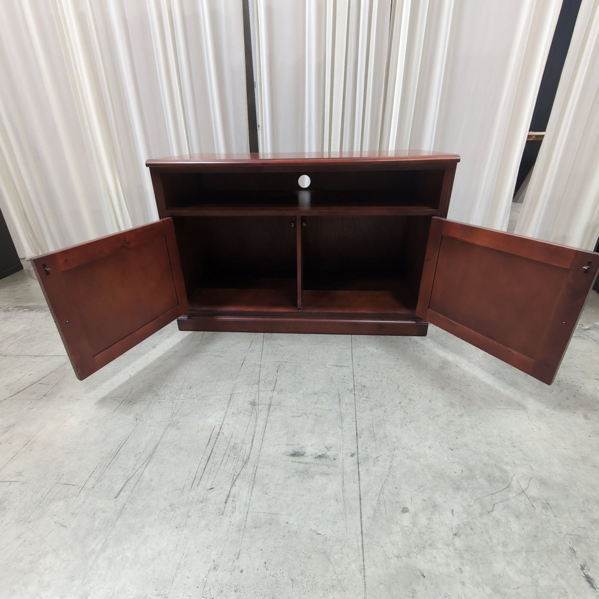 Cherry Finish Wood TV Stand with Paneled Doors