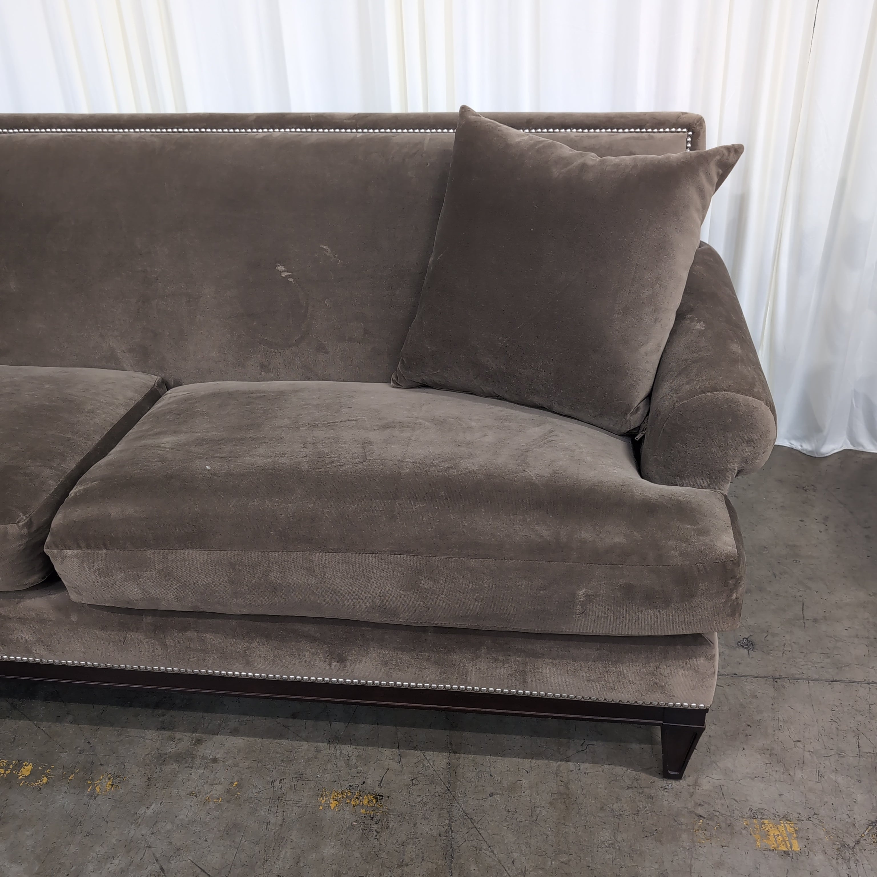 Taupe Fabric Two-Seat Couch with Nailhead Trim