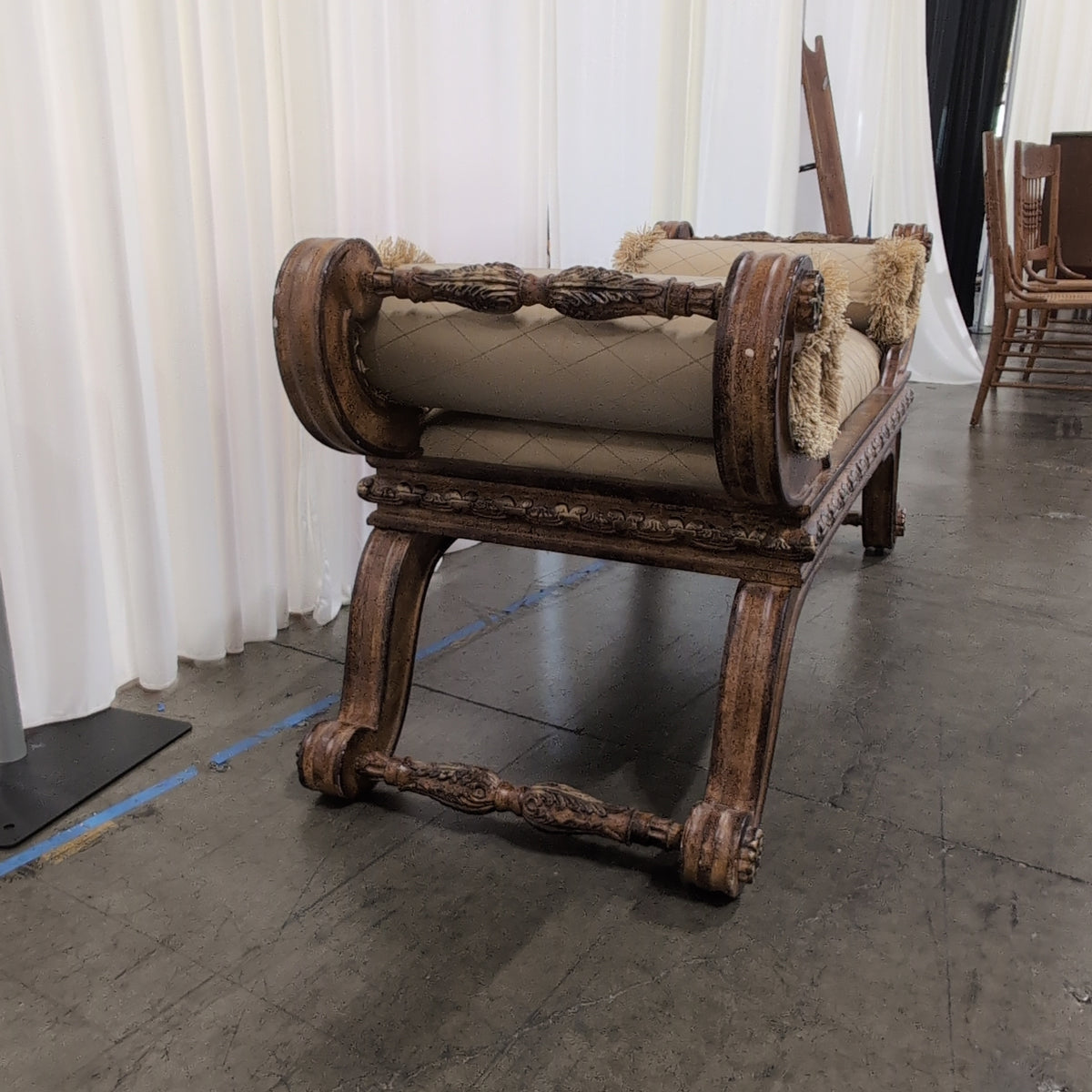 Horchowineiman Marcus-Ornate Traditional Beige Upholstered Bench in Dark Wood