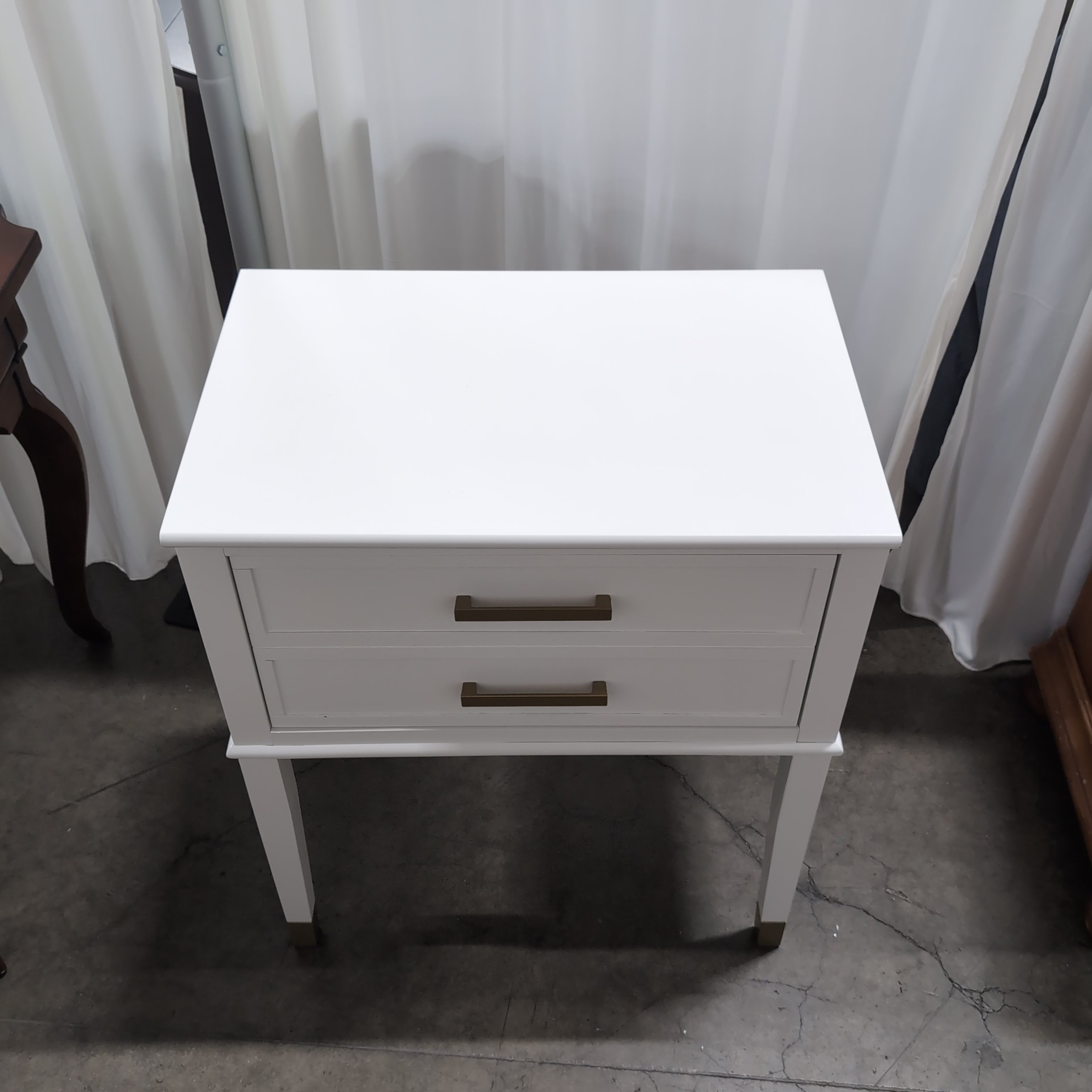 White Two-Drawer Nightstand with Bronze Hardware