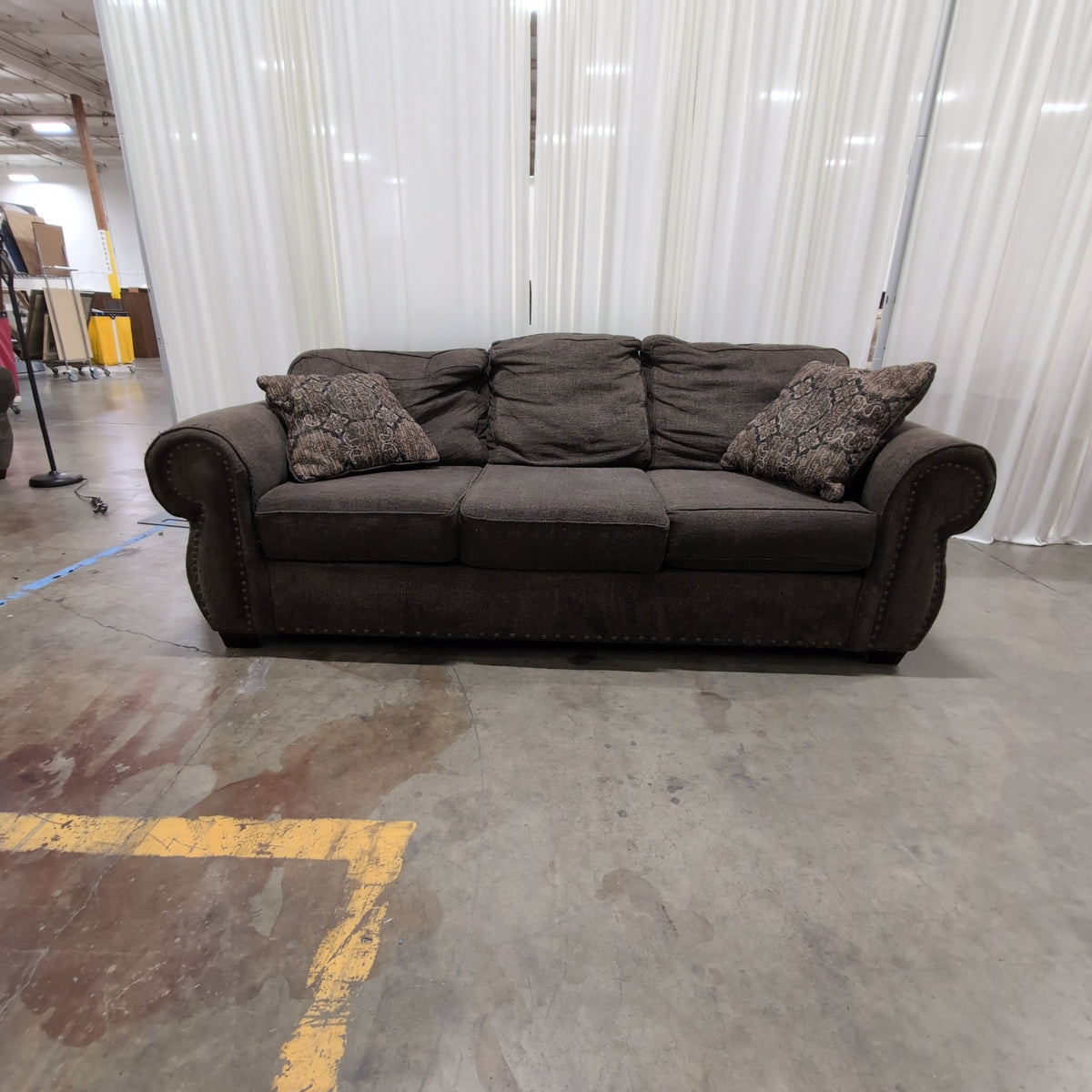 Textured Charcoal Fabric Couch with Rolled Arms