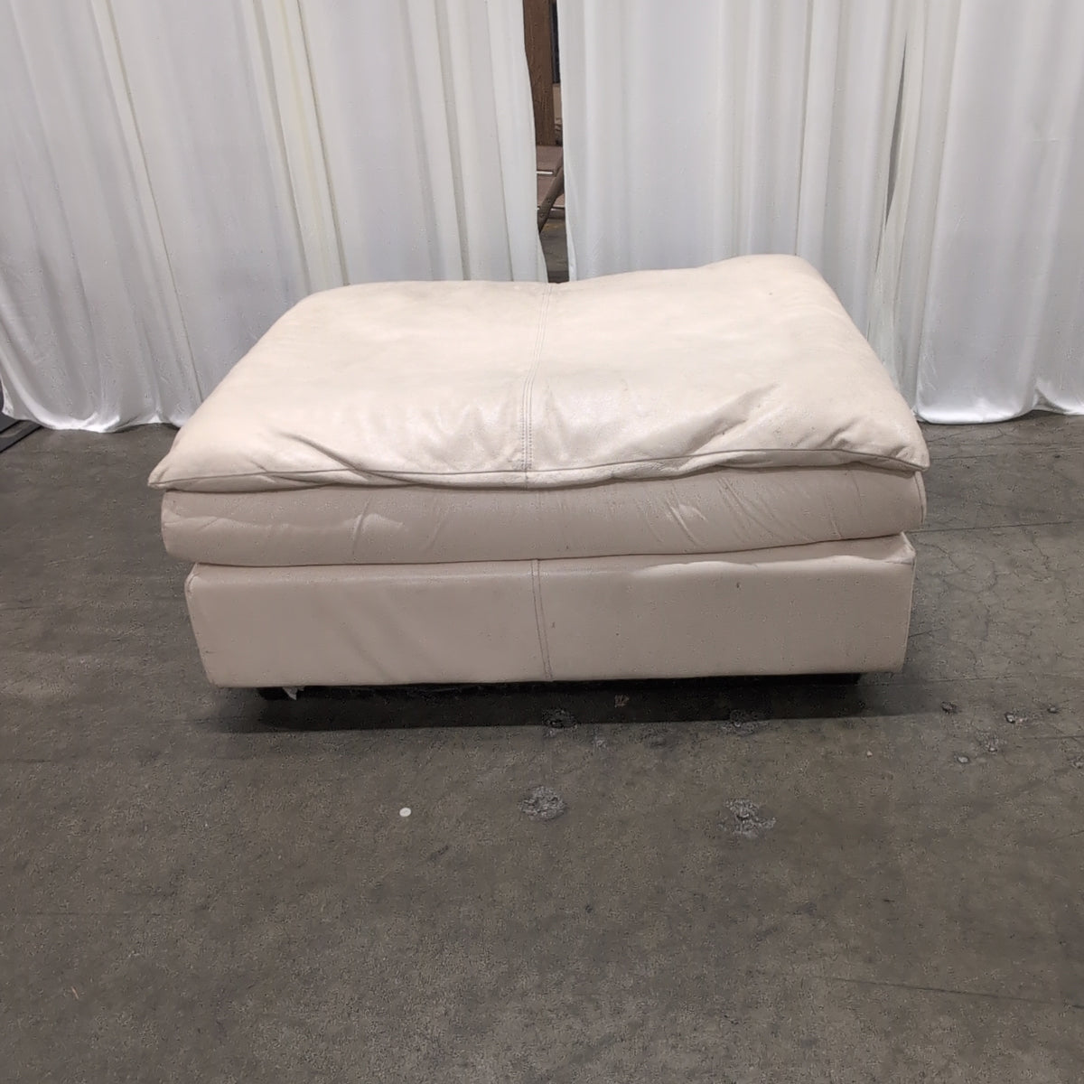 Off-White Faux Leather Ottoman with Top Stitching