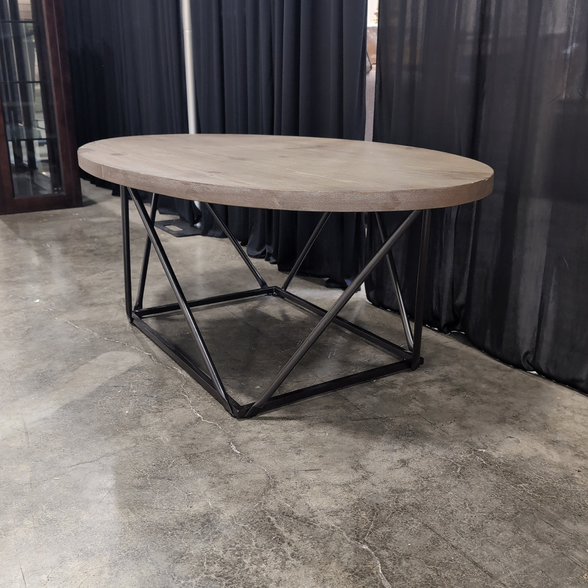 Oval Grey Wood Coffee Table with Geometric Metal Base