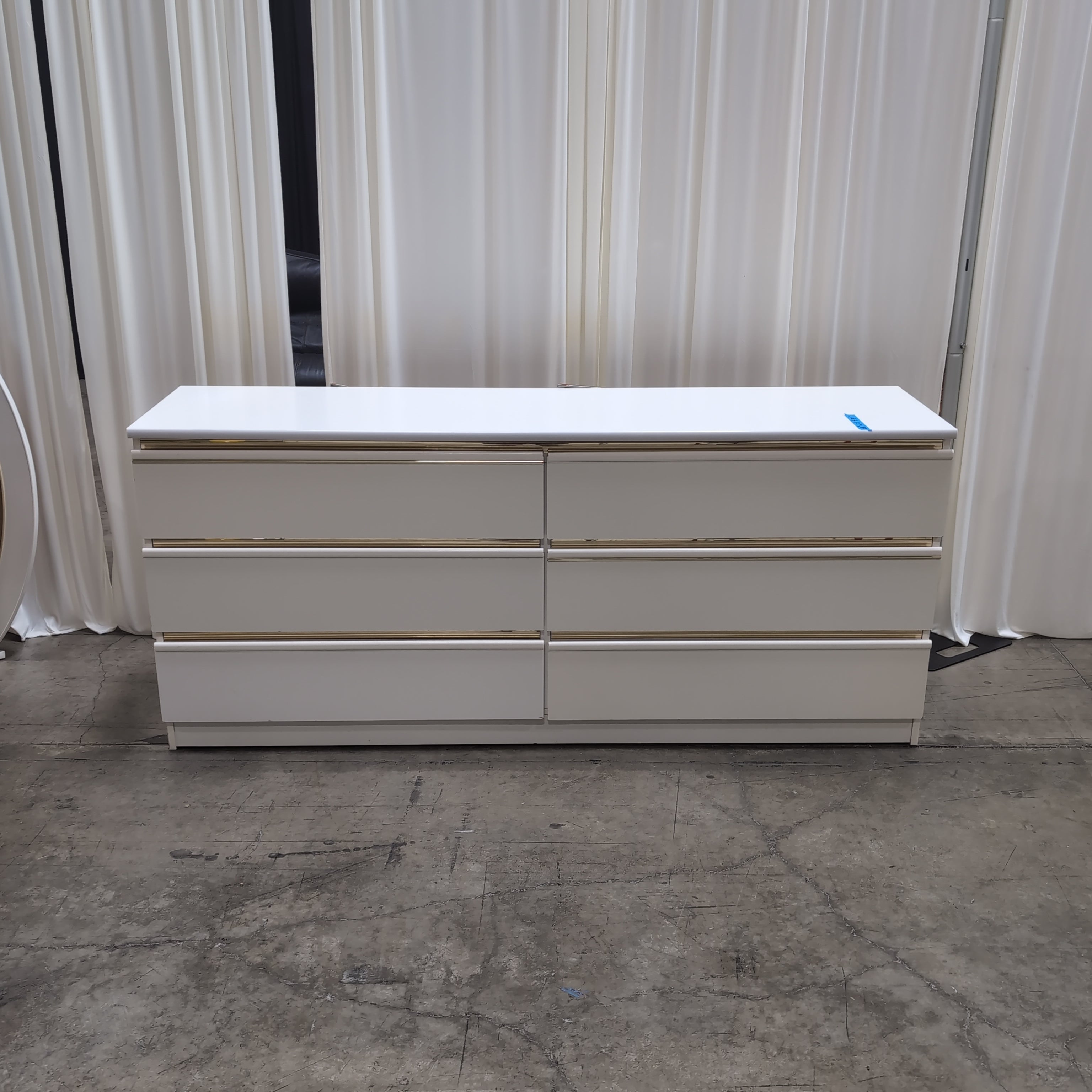 Vintage White Lacquer Six-Drawer Dresser with Round Mirror