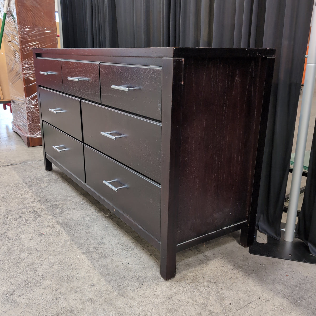 Dark Espresso Seven-Drawer Dresser with Silver Bar Pulls