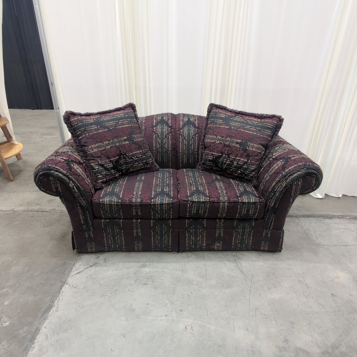 Striped Burgundy Upholstered Armchair with Rolled Arms