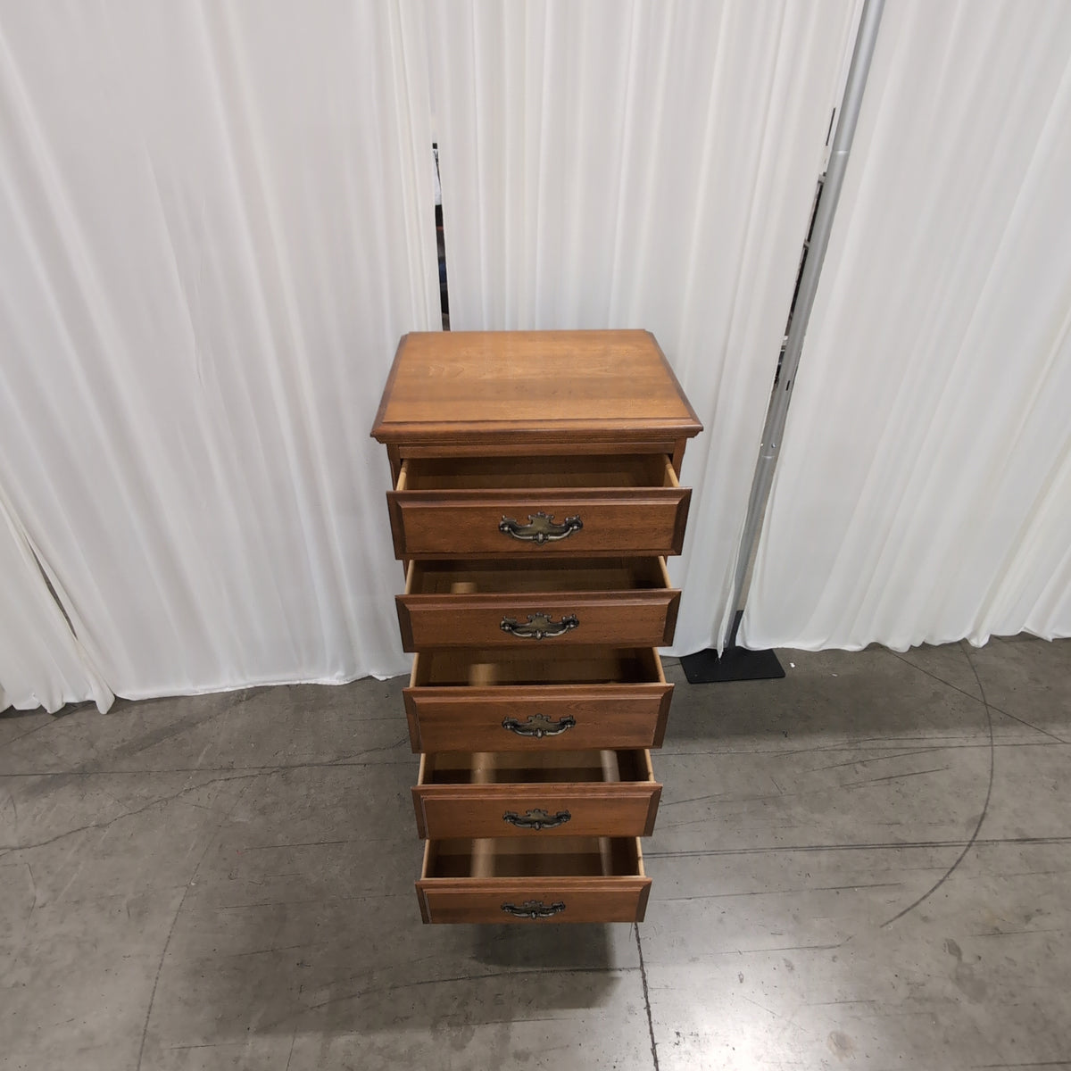 Cherry-Stained Wood Five-Drawer Dresser with Ornate Pulls